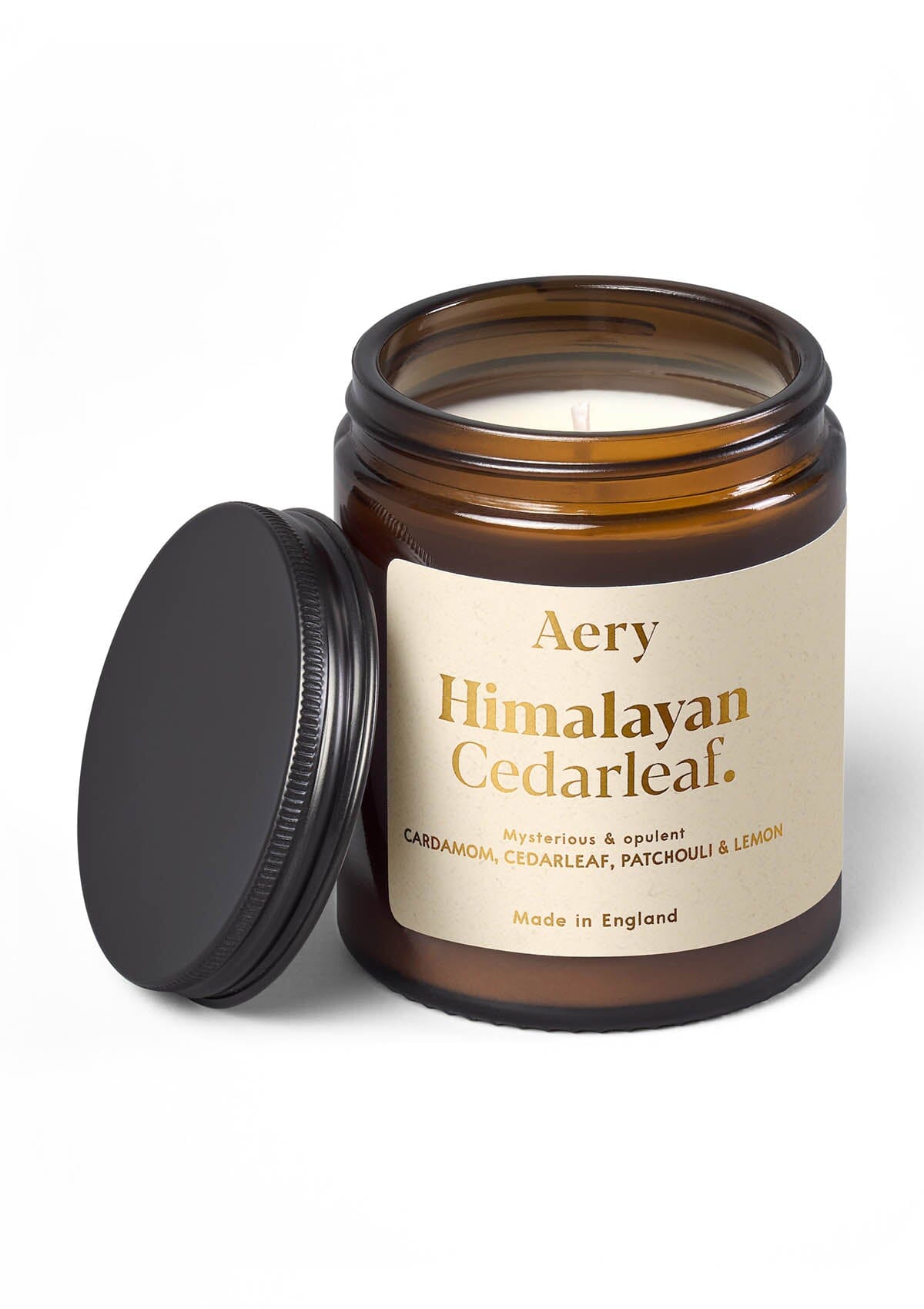 Cream Himalayan Cedarleaf jar candle by Aery displayed on white background 