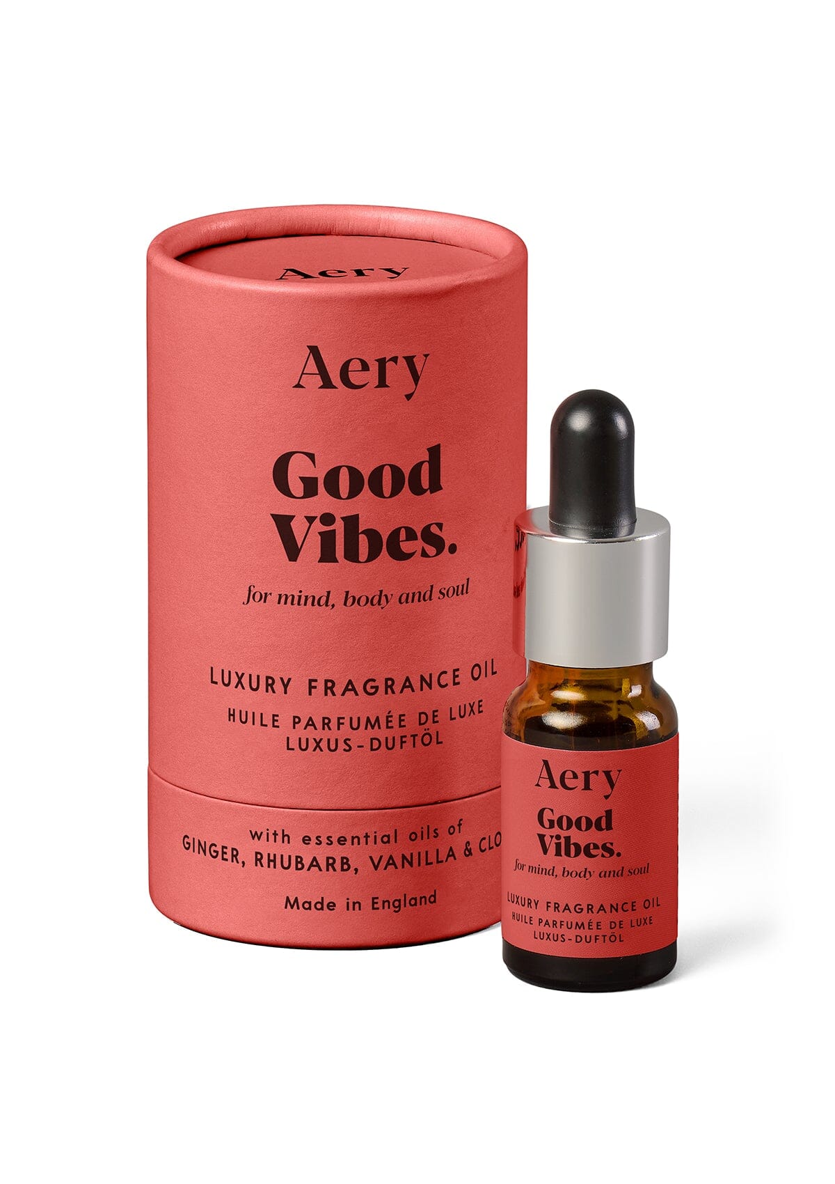 Pink Good Vibes fragrance oil by Aery displayed next to product packaging on white background 