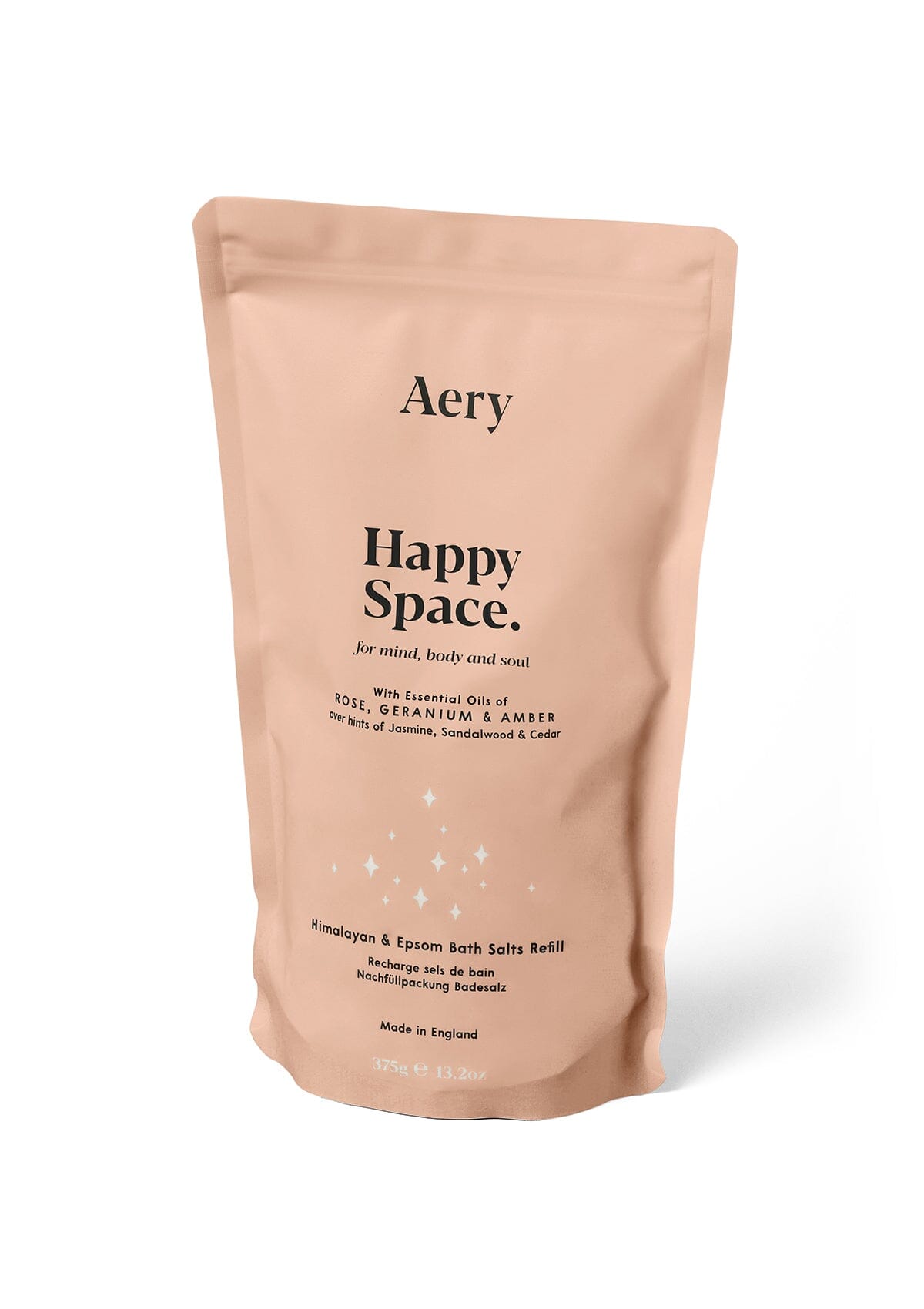 Pink Happy space bath salts refill pouch by Aery displayed on white background