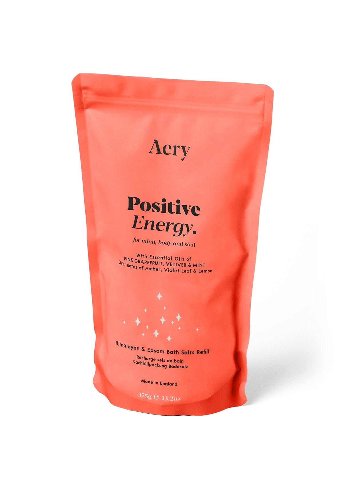 Red Positive Energy bath salts refill pouch by Aery displayed on white background