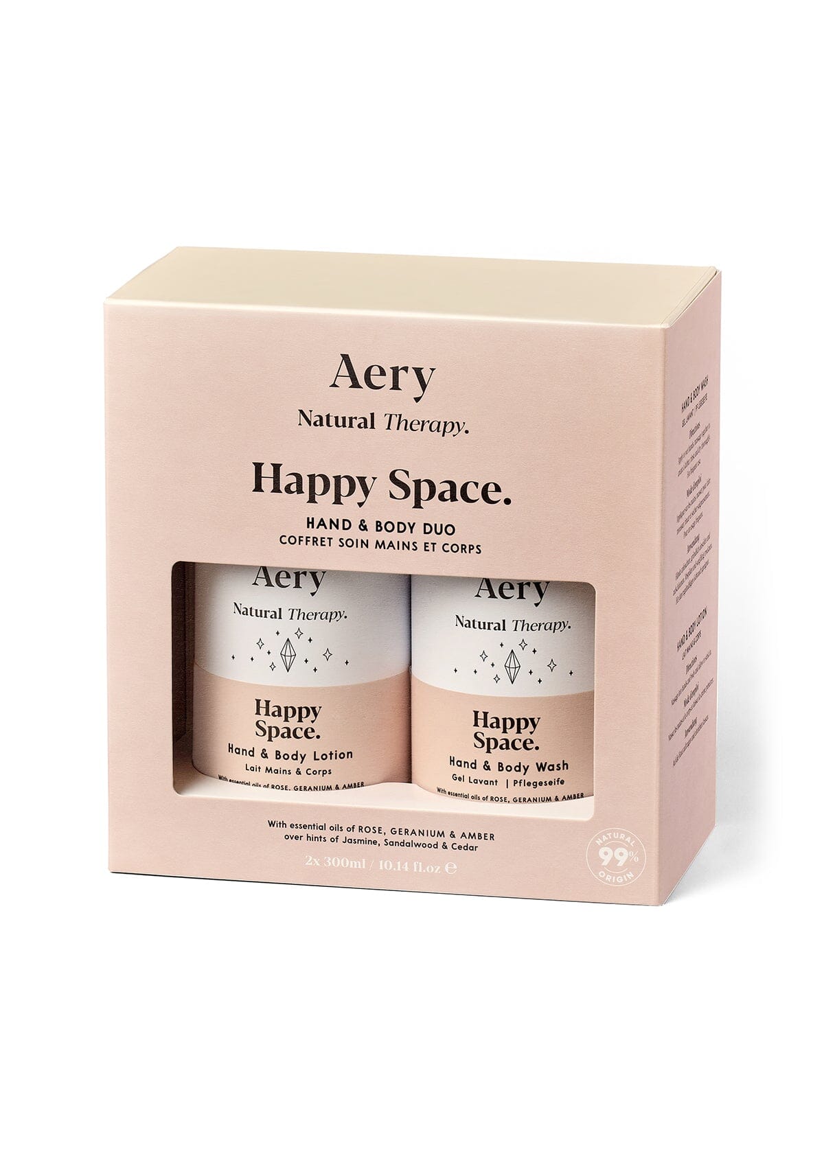 Pink Happy Space  hand and body duo displayed in product packaging by Aery on white background