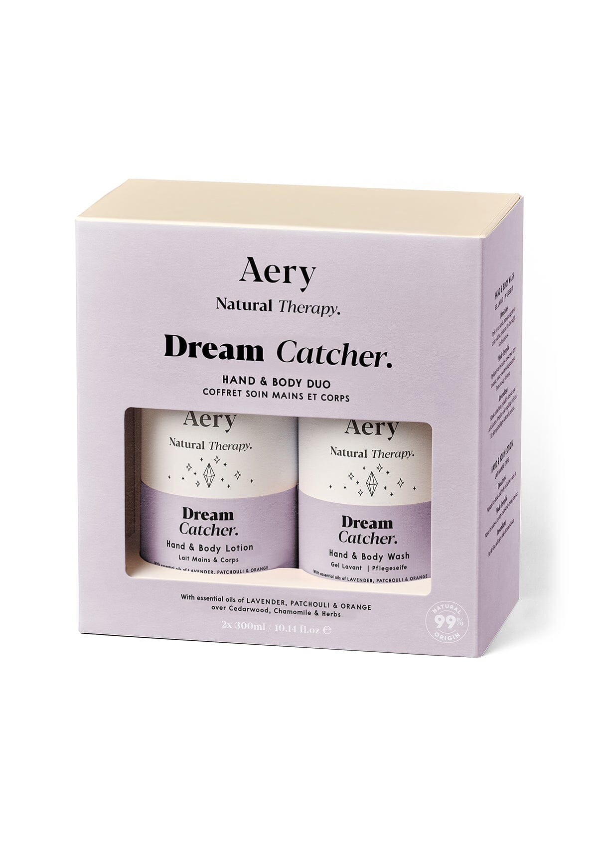 Lilac Dream Catcher Hand and body duo displayed in product packaging by Aery on white background 