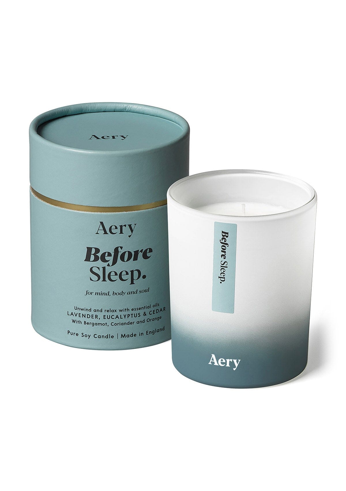 pale blue before sleep scented candle with product packaging by Aery 