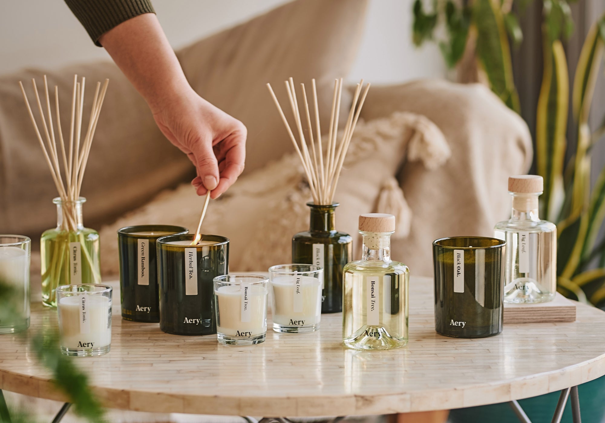 person lighting a botanical candle whilst displayed decoratively across a coffee table with other aery living candles and diffusers