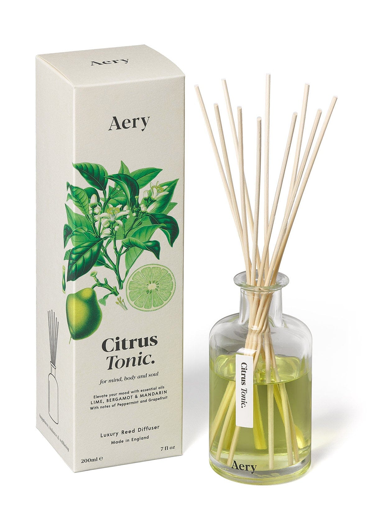 Cream Citrus Tonic diffuser displayed next to product packaging by Aery on white background 