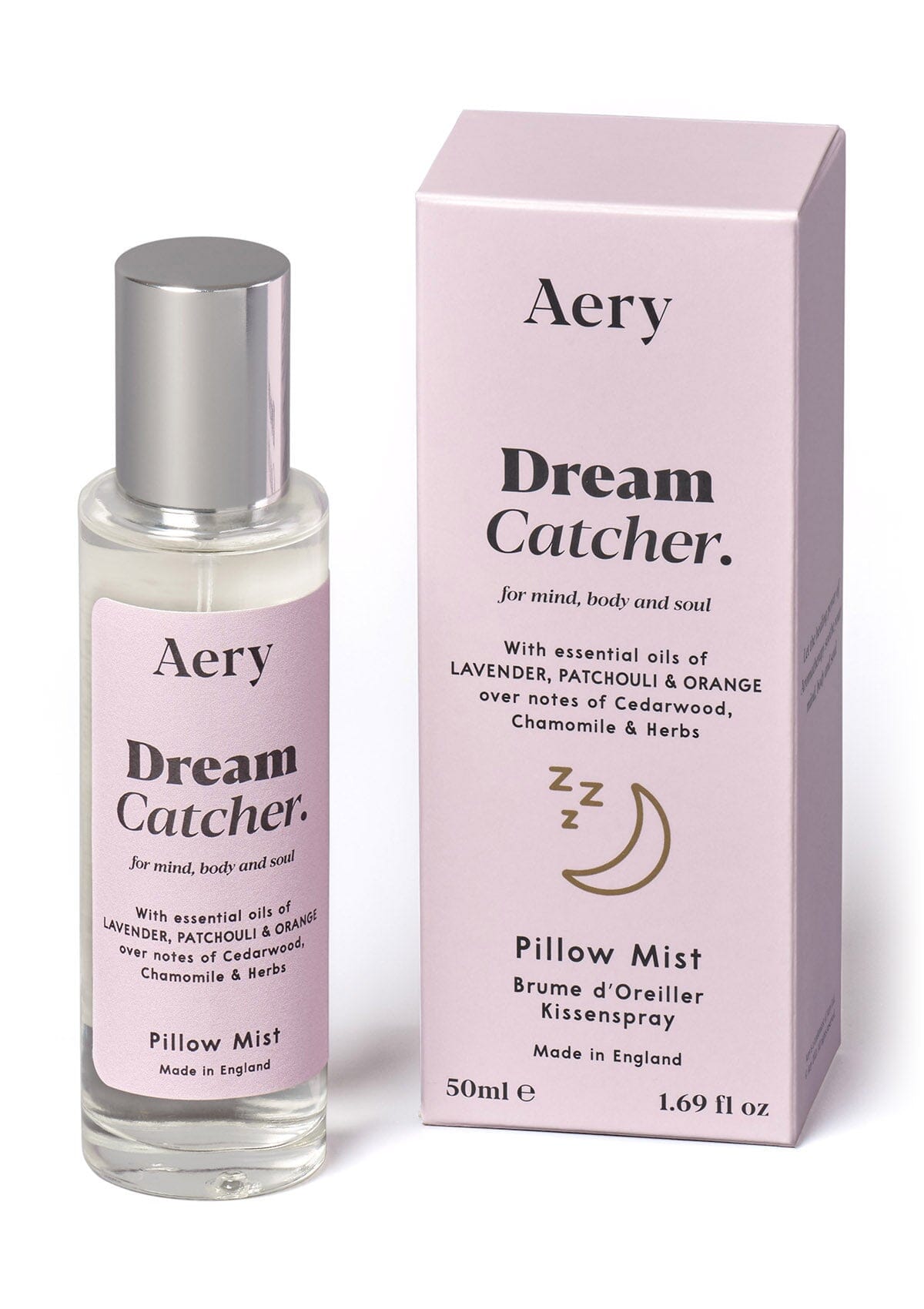 Lilac Dream Catcher pillow spray displayed next to product packaging by Aery on white background 