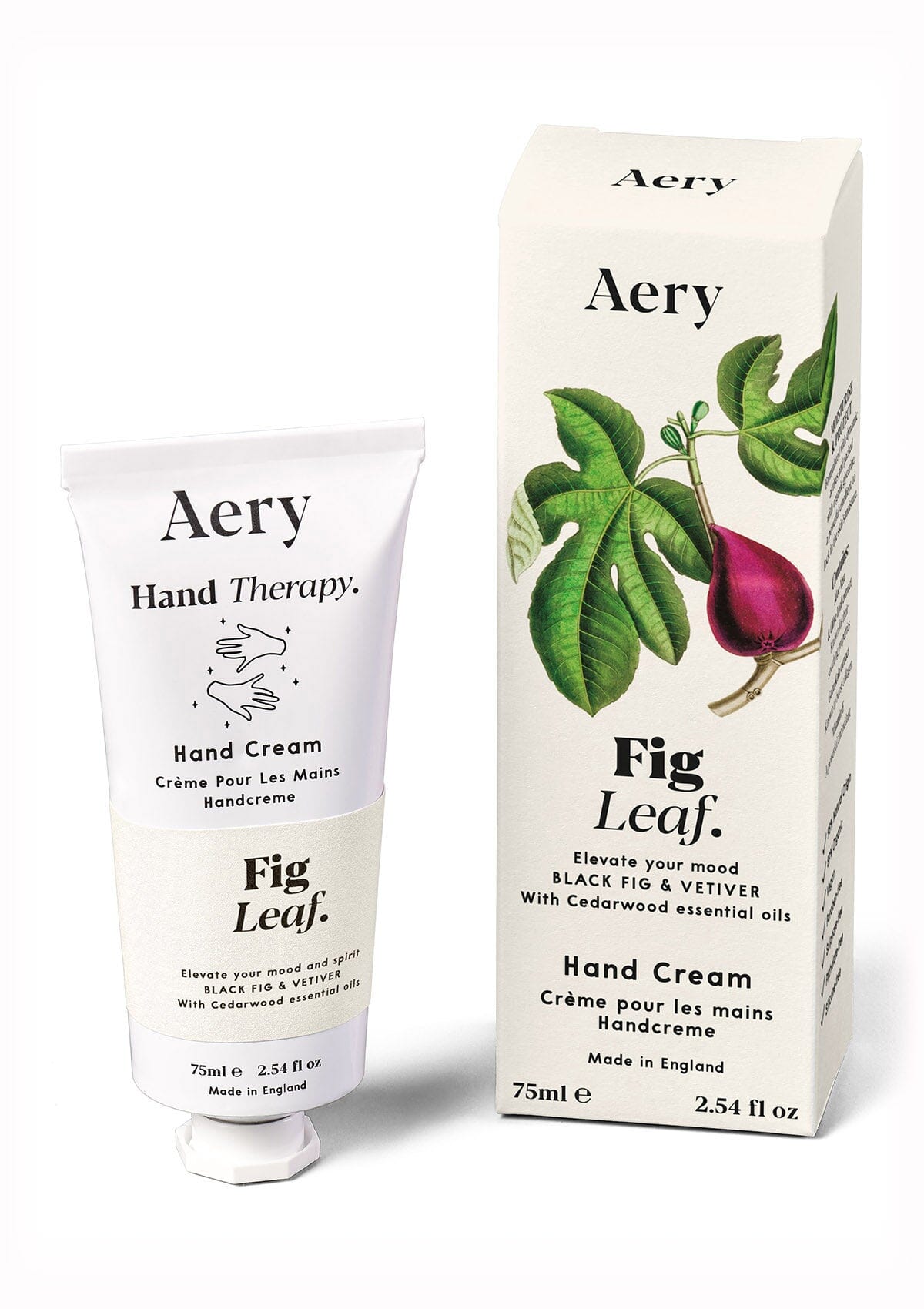 Cream Fig Leaf hand cream displayed next product packaging by Aery on white background 