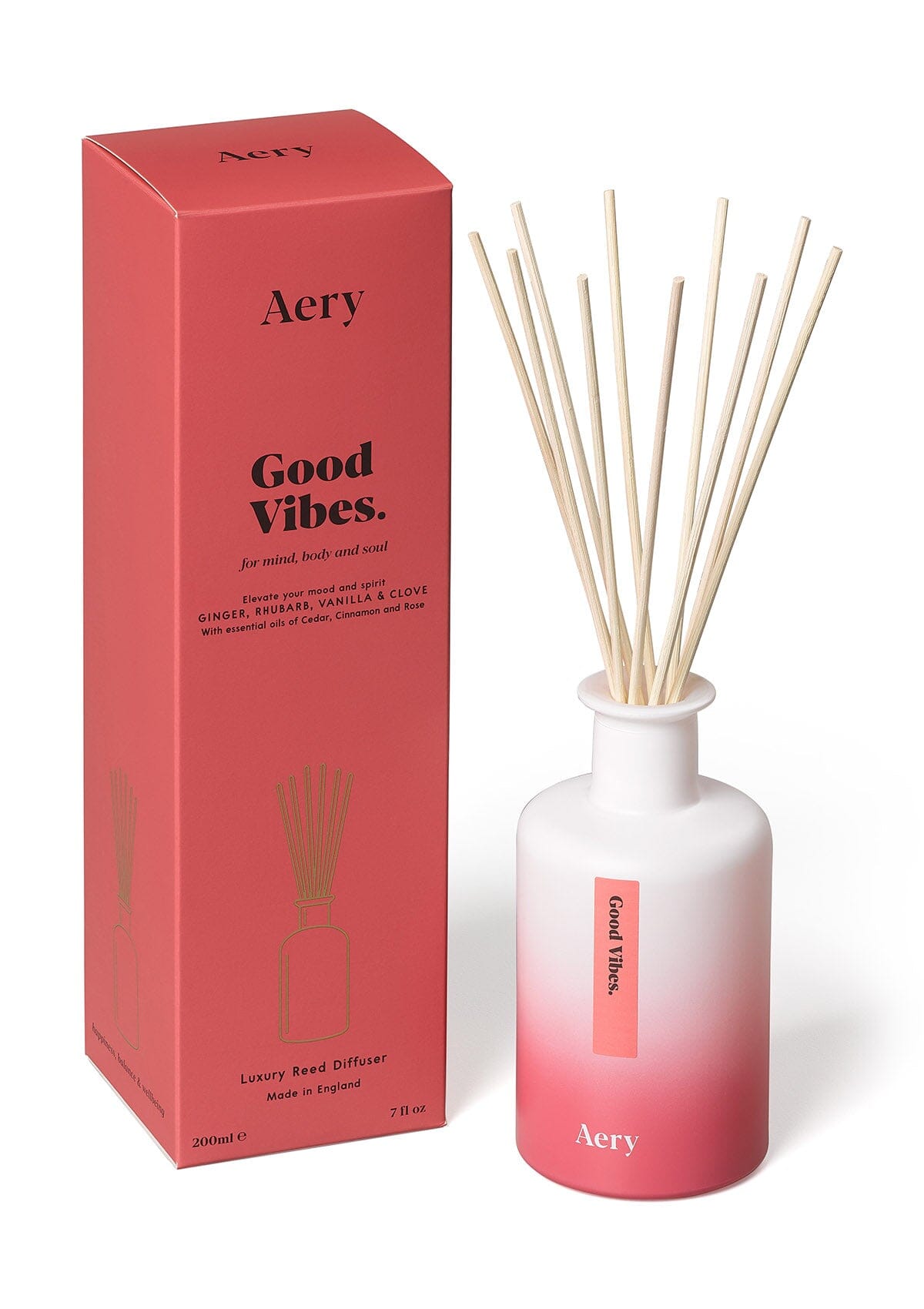Deep pink Good vibes diffuser with product packaging by Aery 