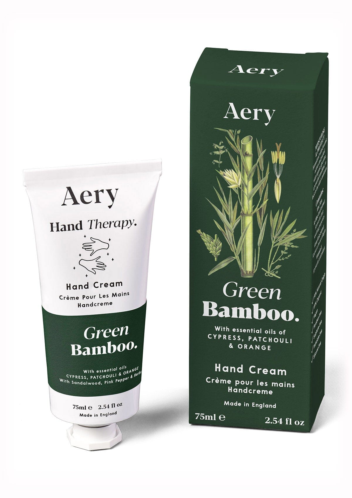 Green Bamboo hand cream displayed next to product packaging by Aery on white background 