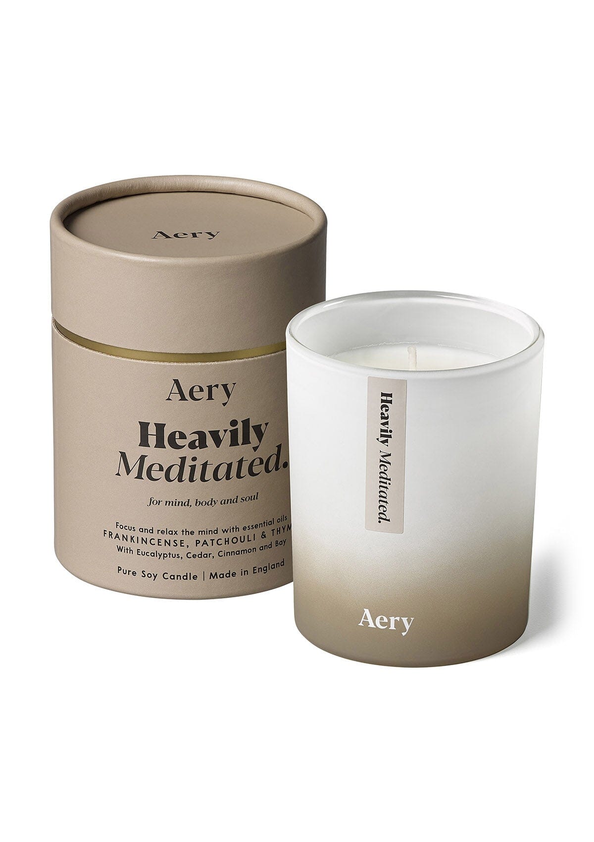 Heavily meditated scented candle with product packaging by Aery 