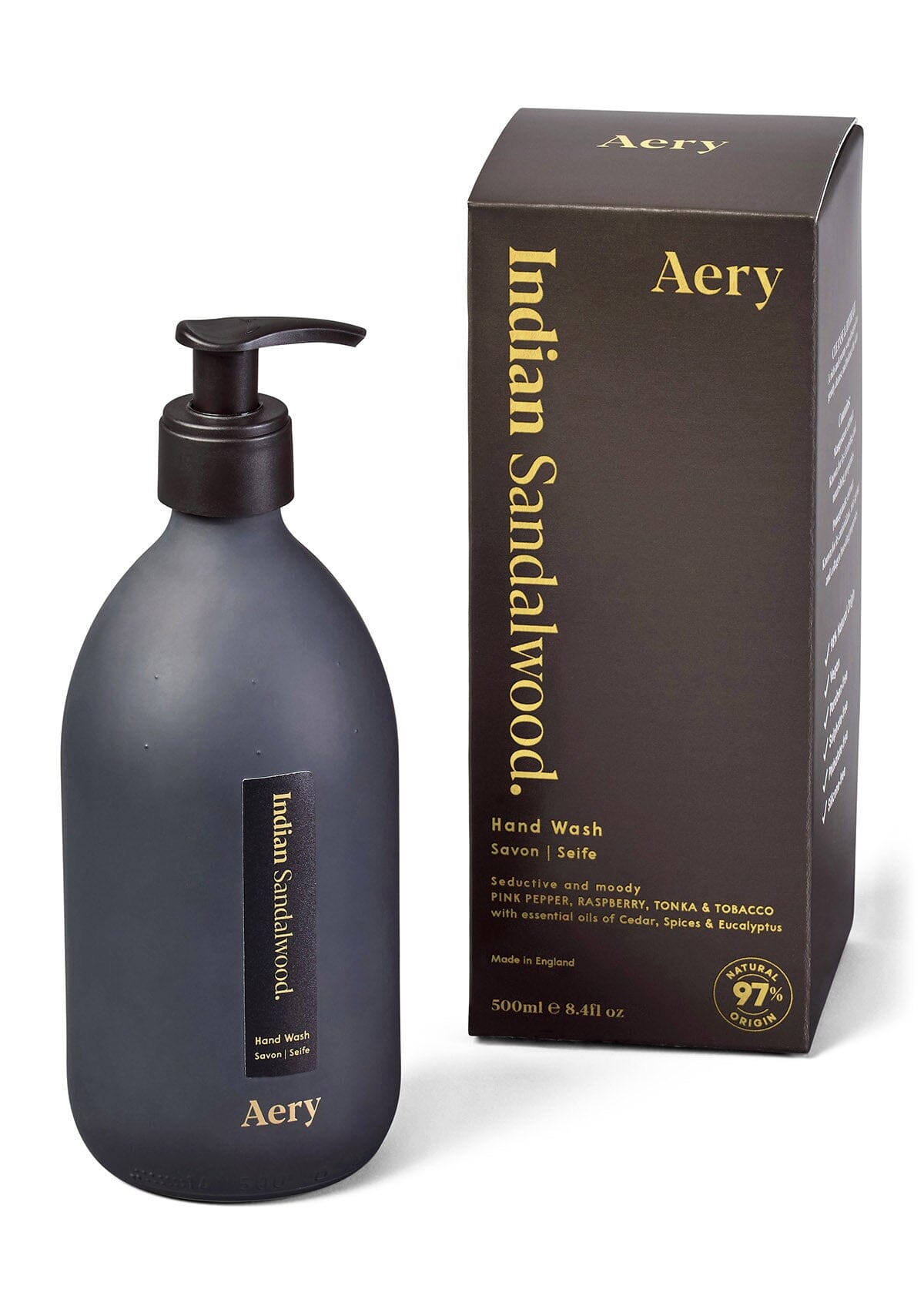 Black Indian Sandalwood hand wash by Aery on white background 