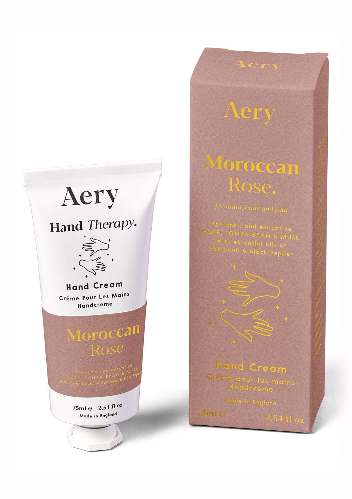 Aubergine Moroccan Rose hand cream displayed next to product packaging on white background 