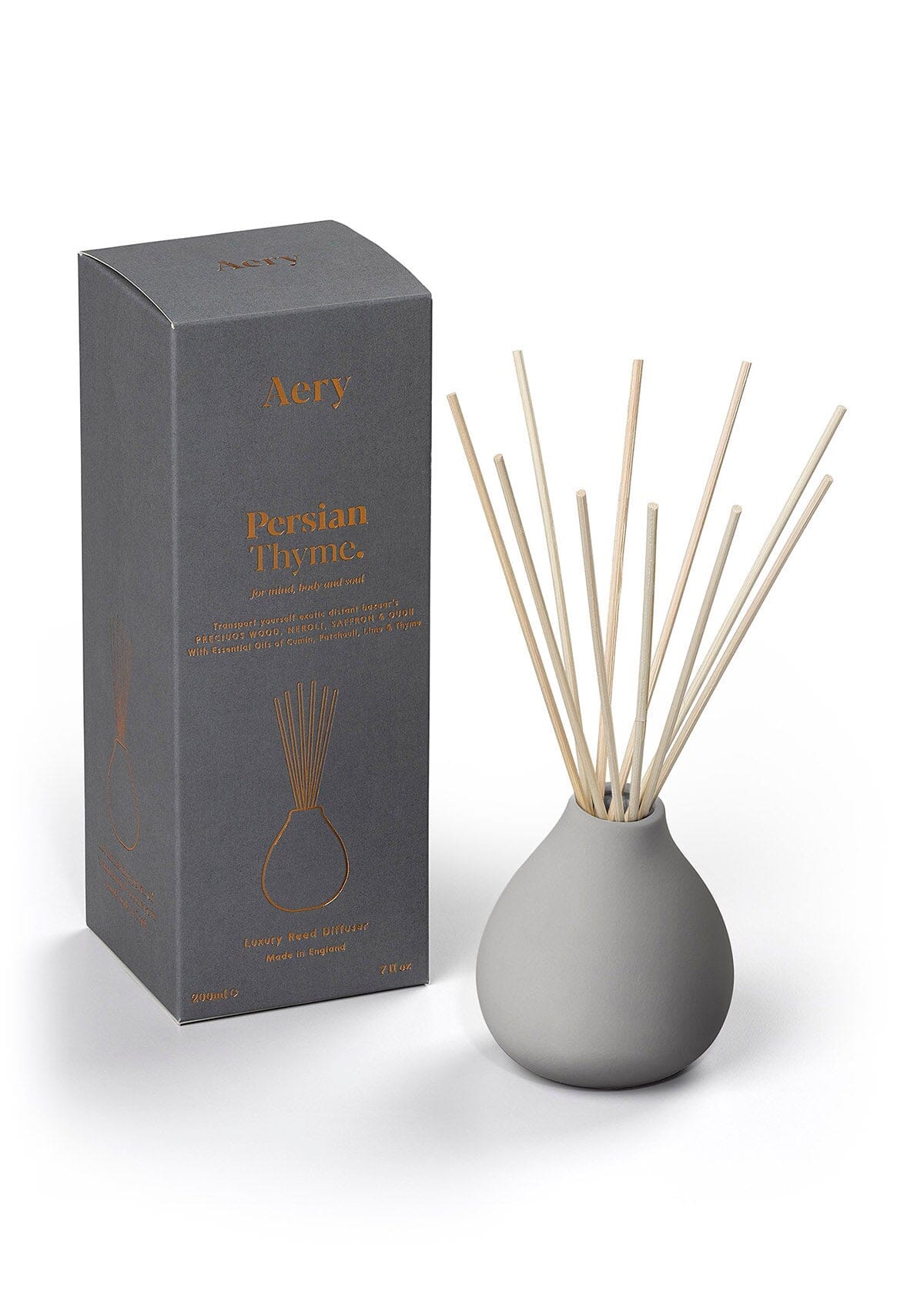 Grey Persian Thyme diffuser with product packaging by Aery 