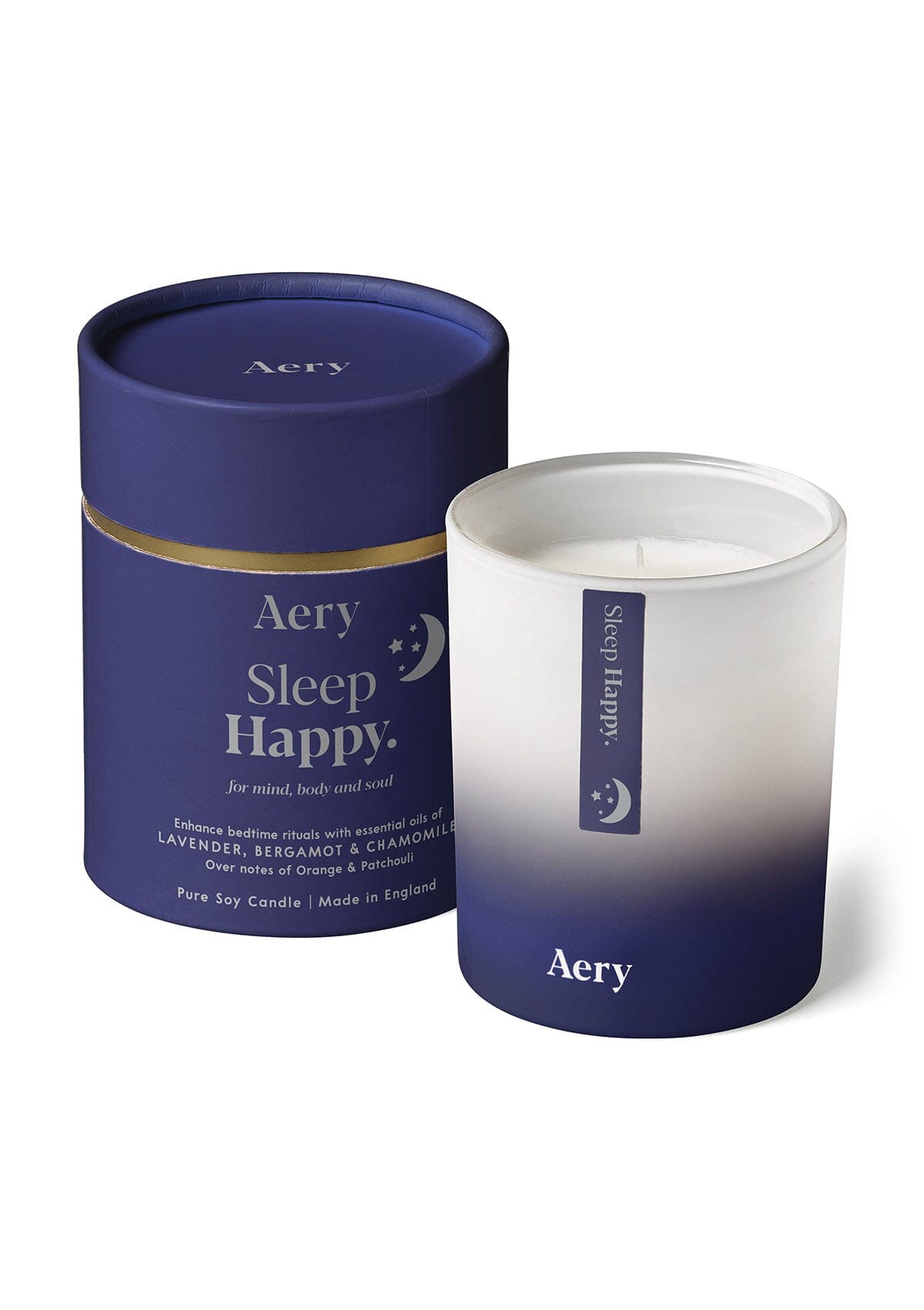deep blue sleep happy candle with product packaging by Aery 