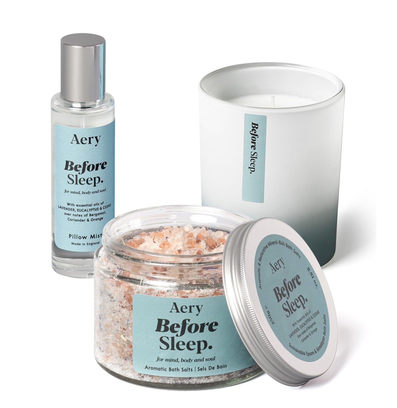 Blue before sleep bundle with candle pillow spray and bath salts on white background 