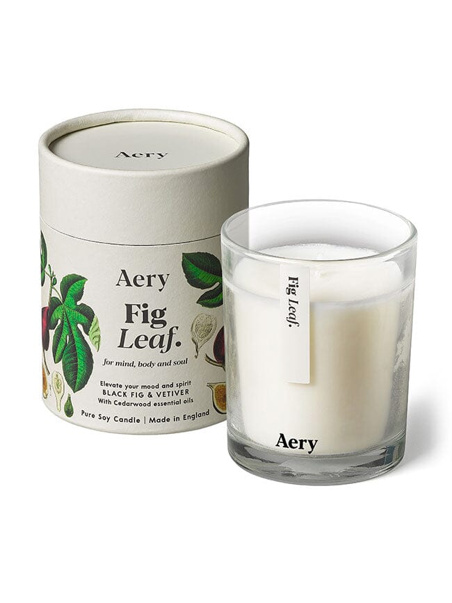 Cream Fig Leaf candle by aery displayed next to product packaging on white background 