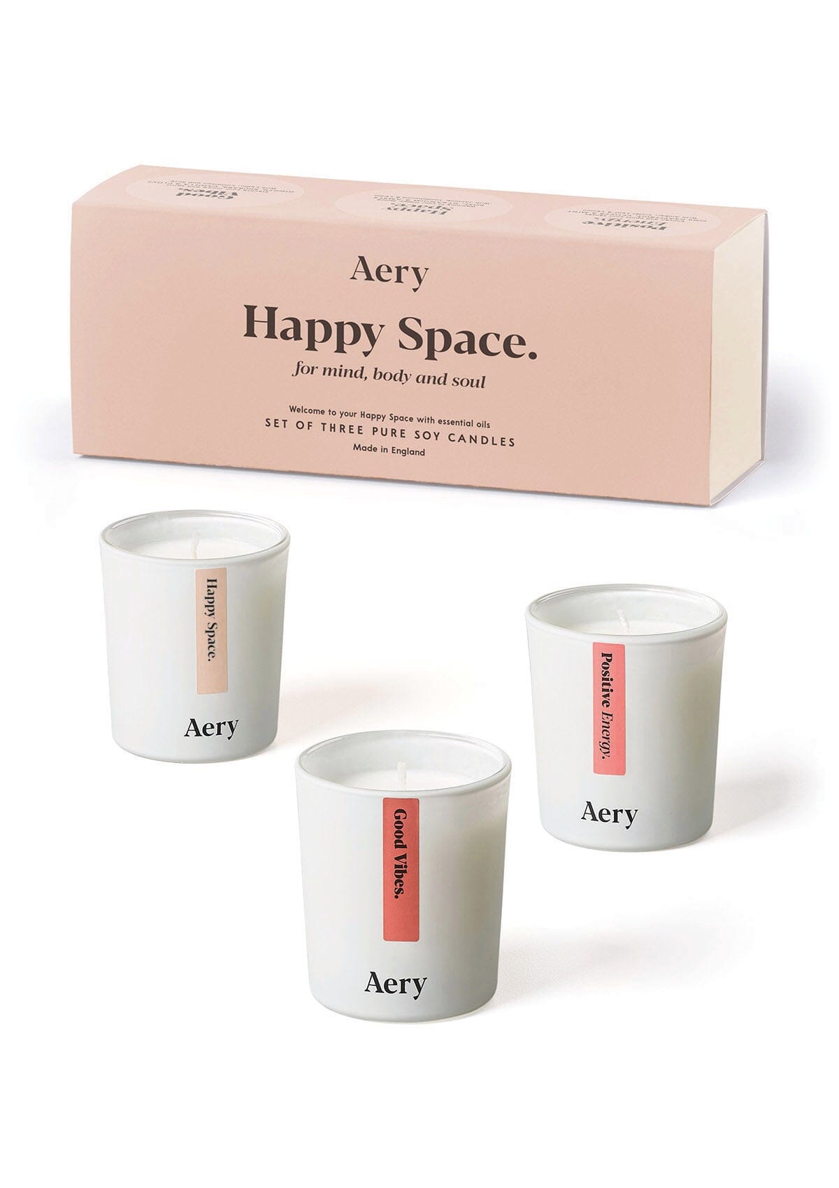 Pink Happy Space candle set of three by Aery displayed by product packaging on white background