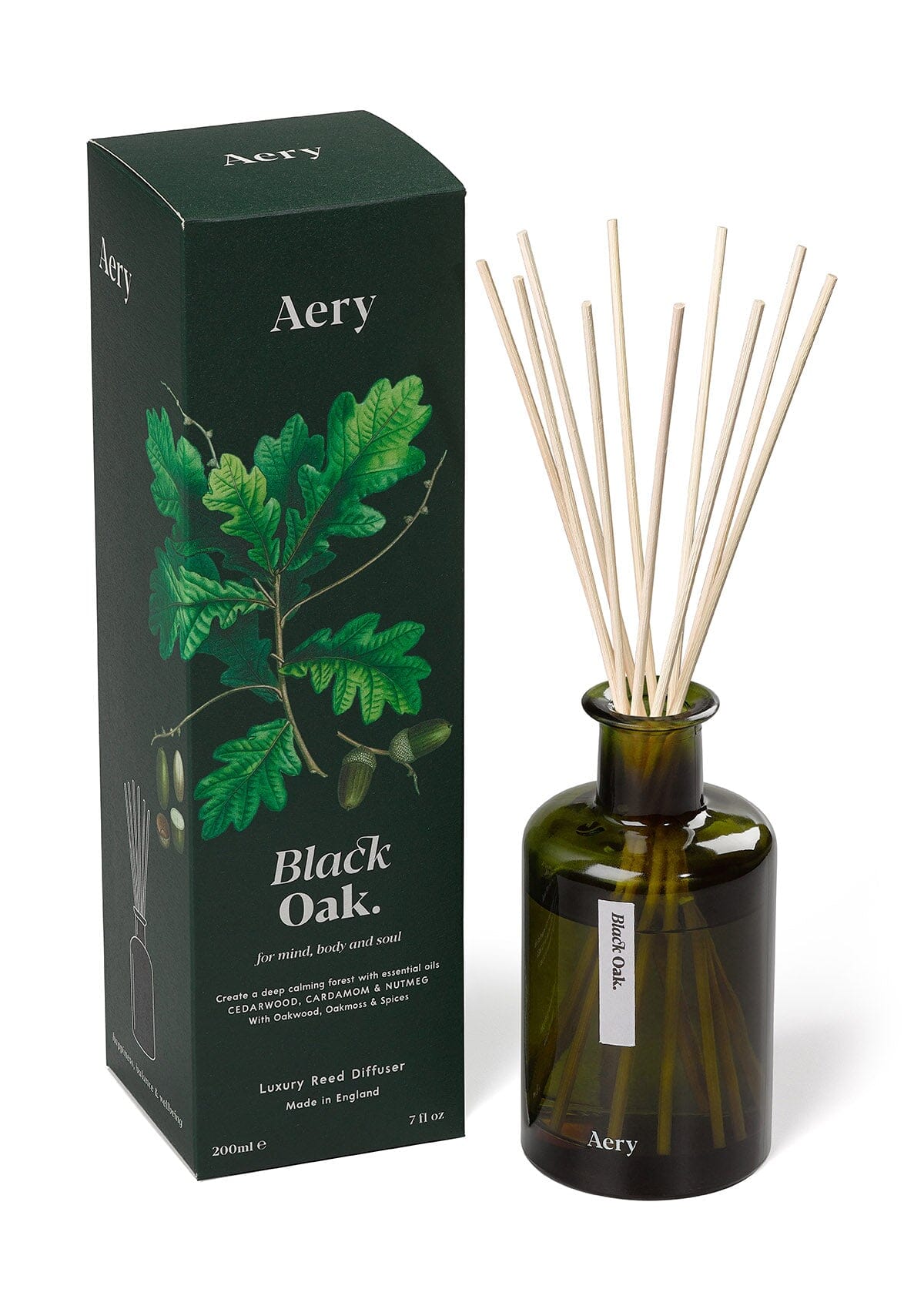 Green Black Oak diffuser displayed next to product packaging by Aery on white background 