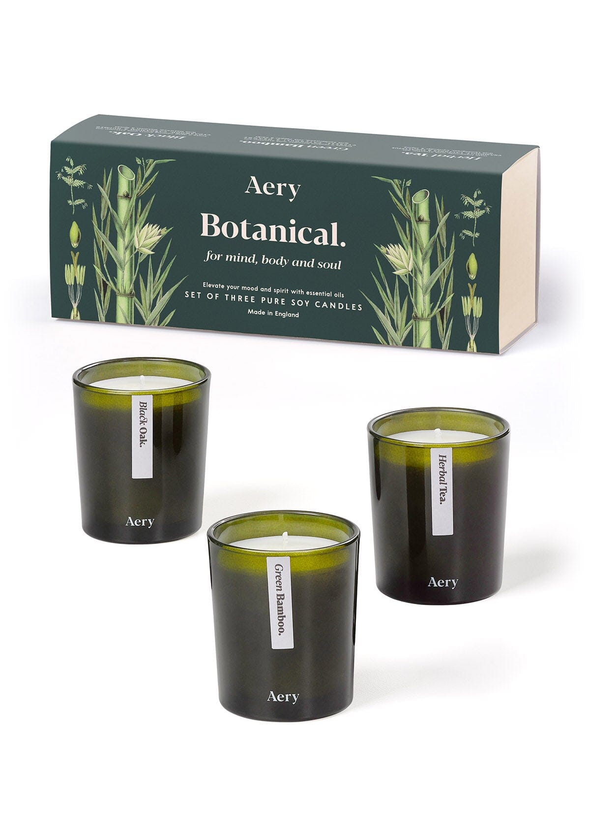 Green Botanical candle set of three by Aery displayed by product packaging on white background 