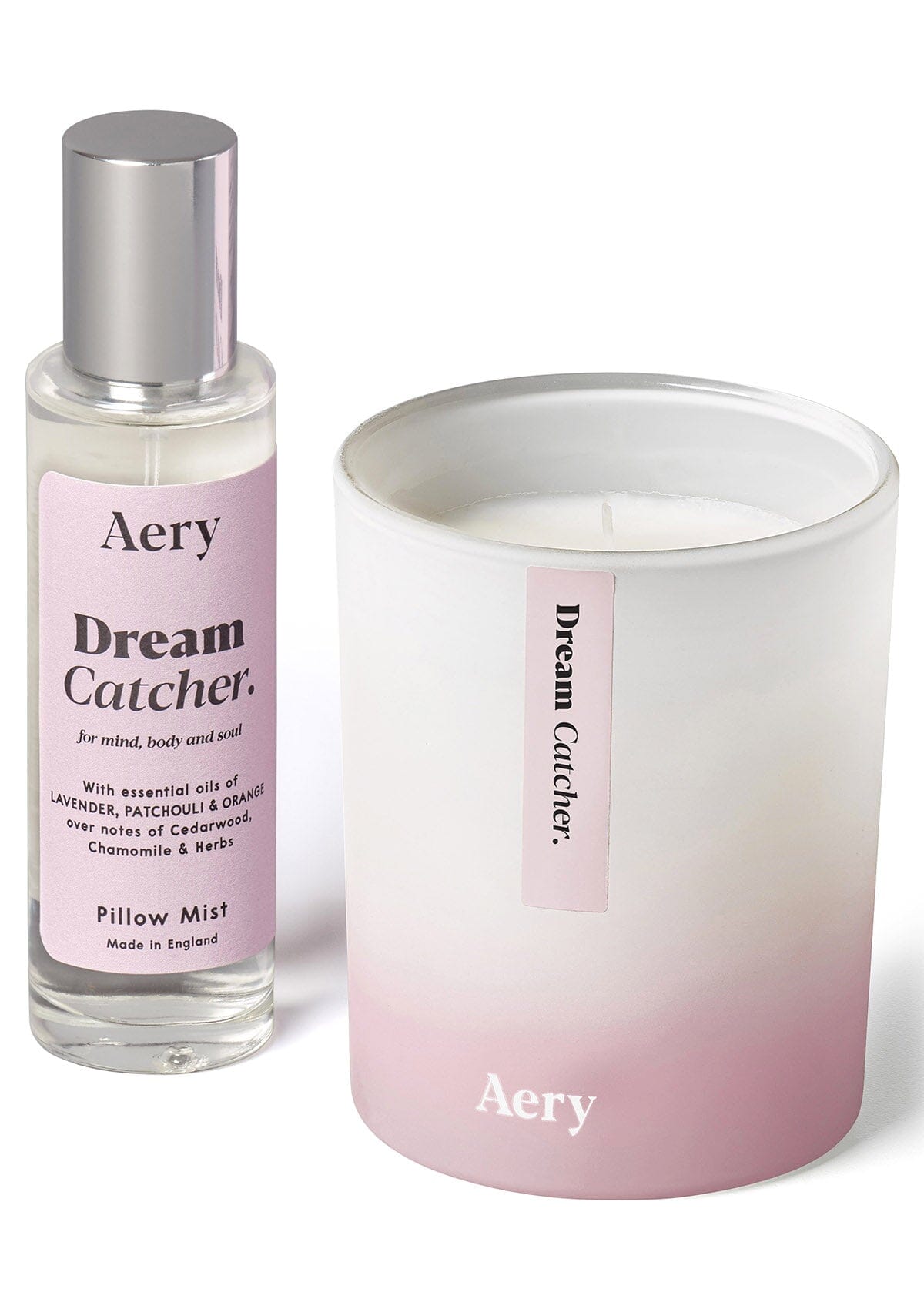 Lilac Dream Catcher candle and pillow mist by Aery displayed on white background 