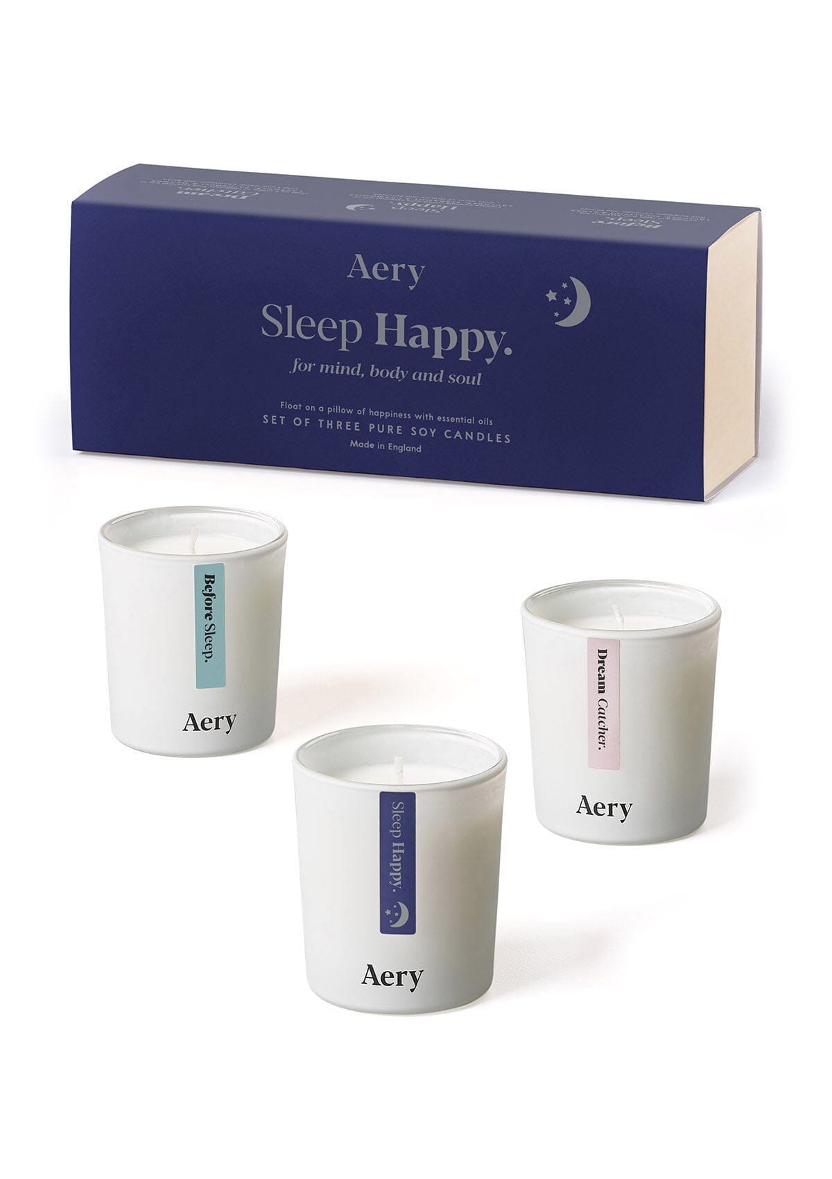 Blue Sleep Happy candle gift set of three by Aery displayed next to product packaging on white bacground 