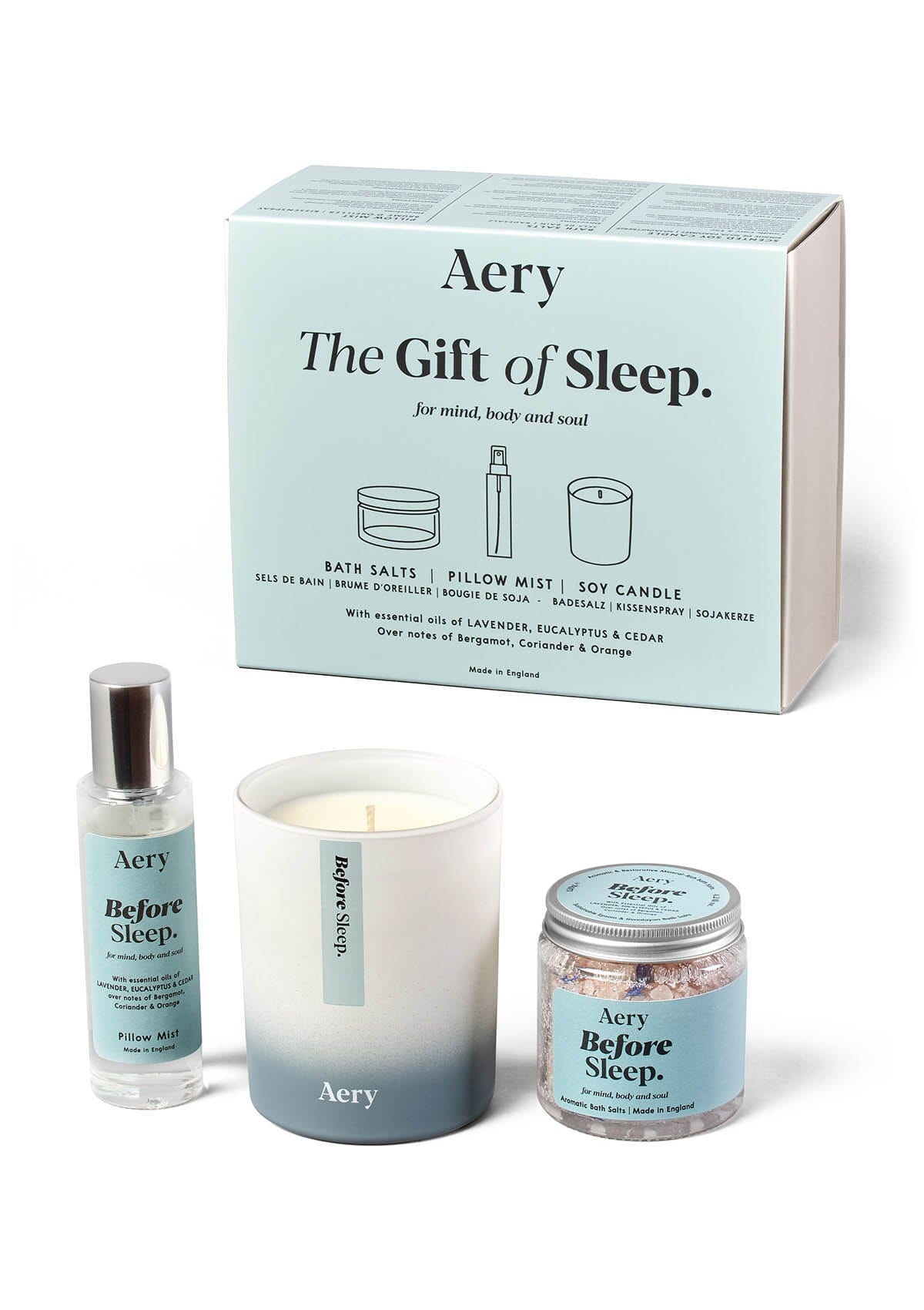 Blue Before Sleep gift set by Aery displayed next to product packging on white background 