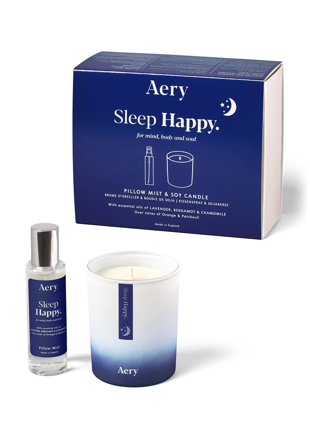 Blue Sleep Happy gift set by Aery displayed on white background 