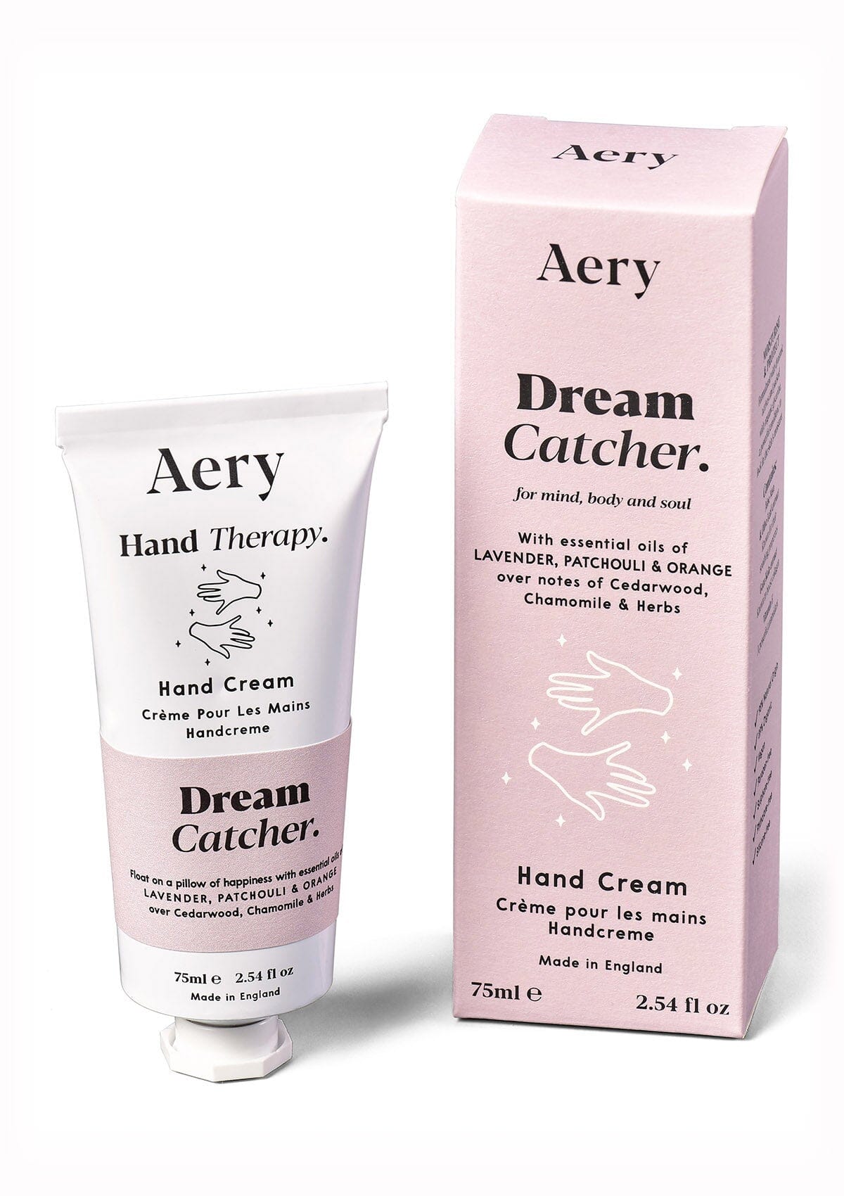 Lilac Dream Catcher hand cream by Aery displayed next to product packaging on white background 