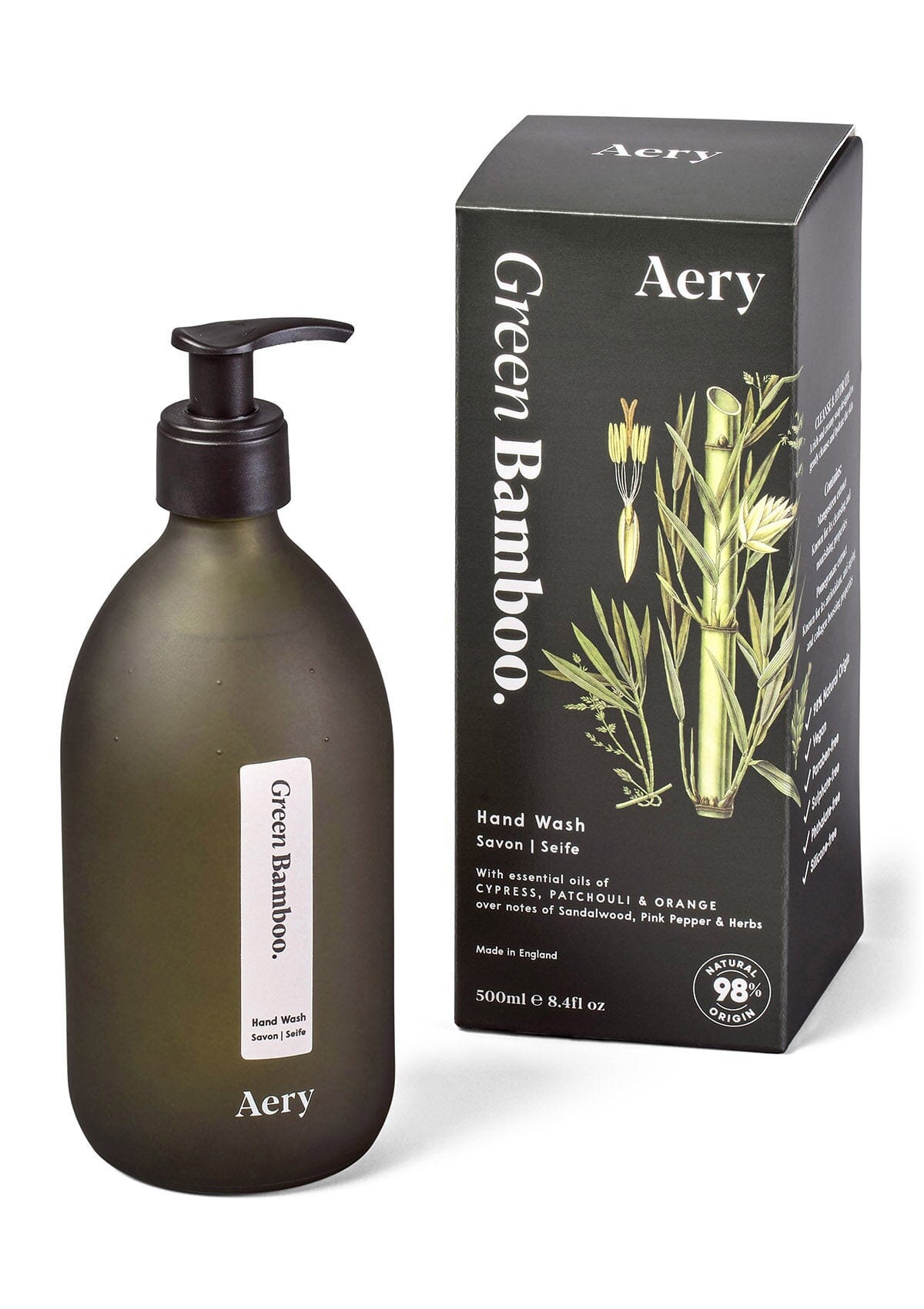 Green Bamboo Hand Wash displayed next to product packaging by Aery on white background