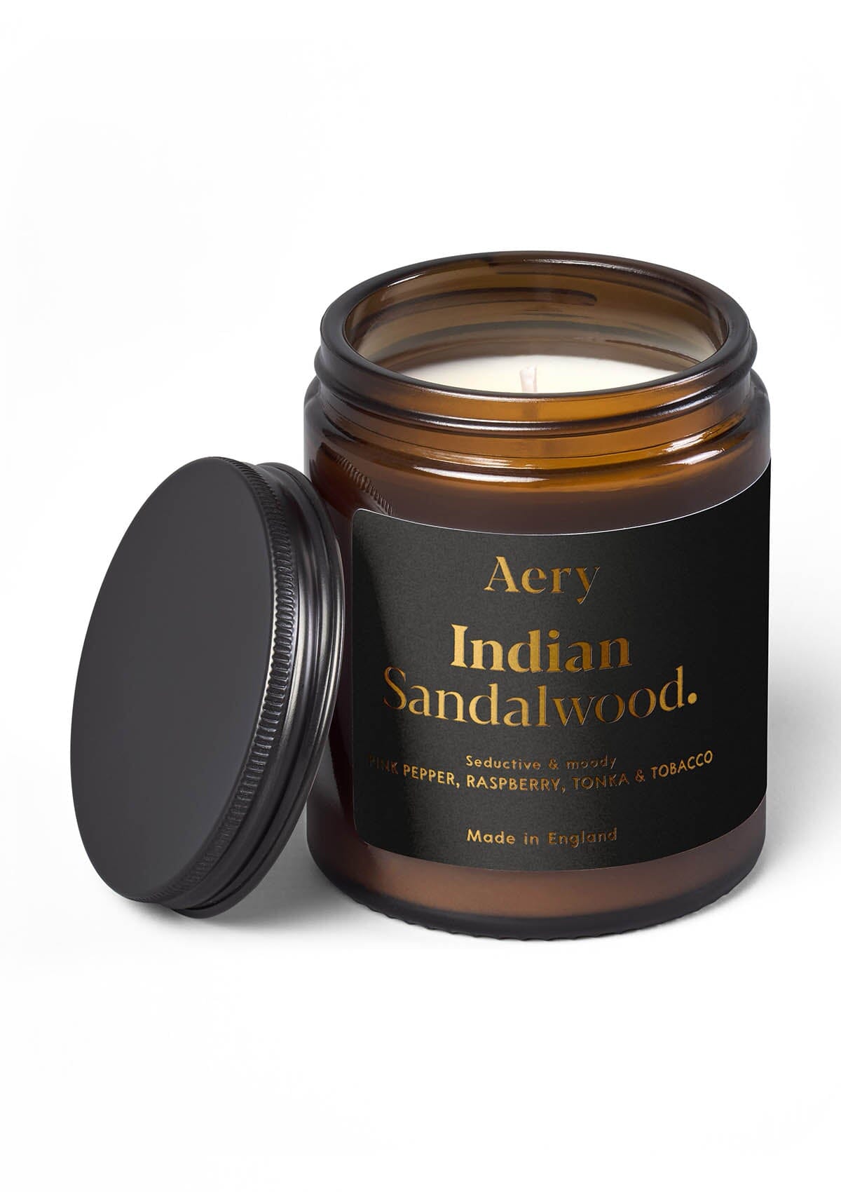 Black Indian Sandalwood jar candle by Aery displayed on white background 
