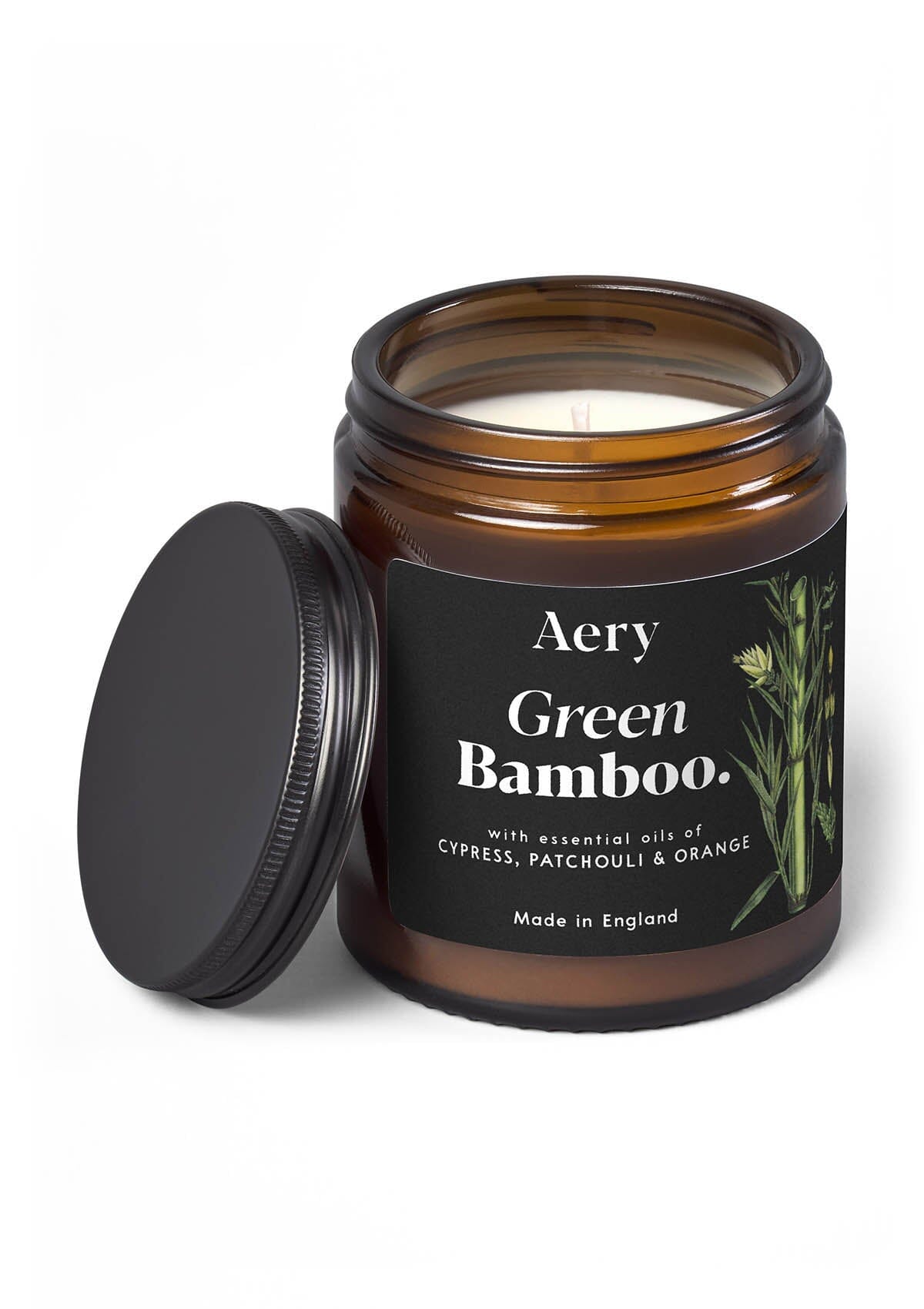 Green Bamboo jar candle by Aery displayed on white background 
