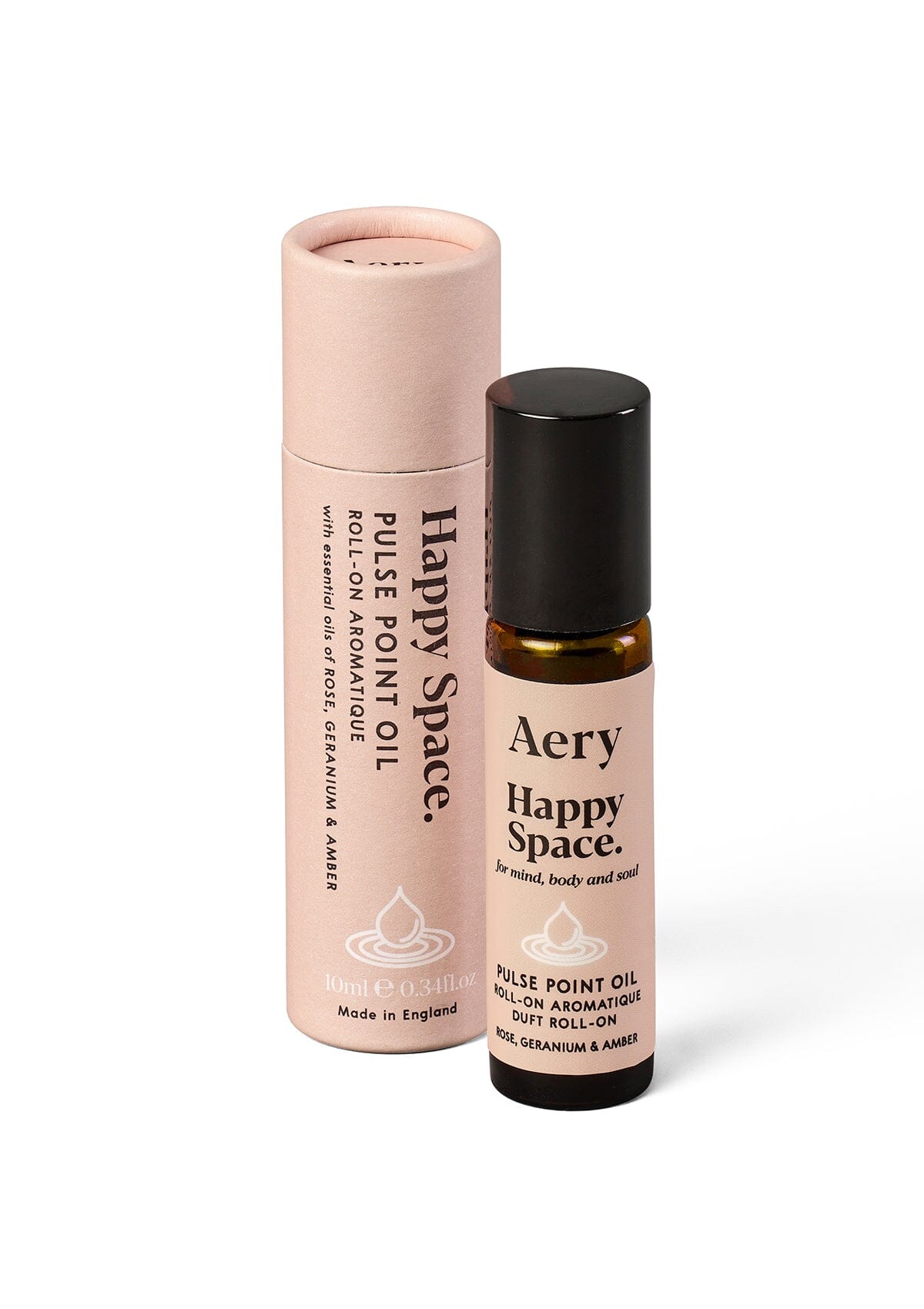 Pink Happy Space pulse point oil by Aery displayed next to product packaging on white background 