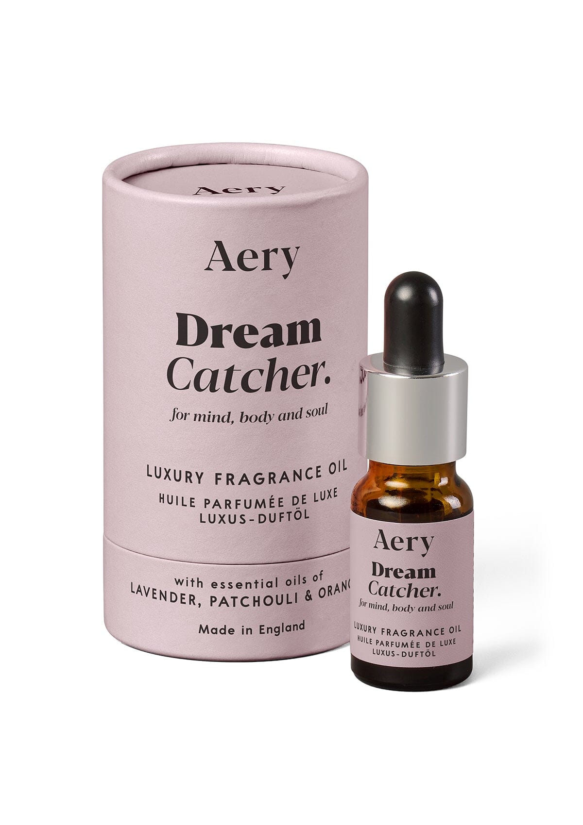 Lilac Dream Catcher fragrance oil displayed next to product packaging by Aery on white background 