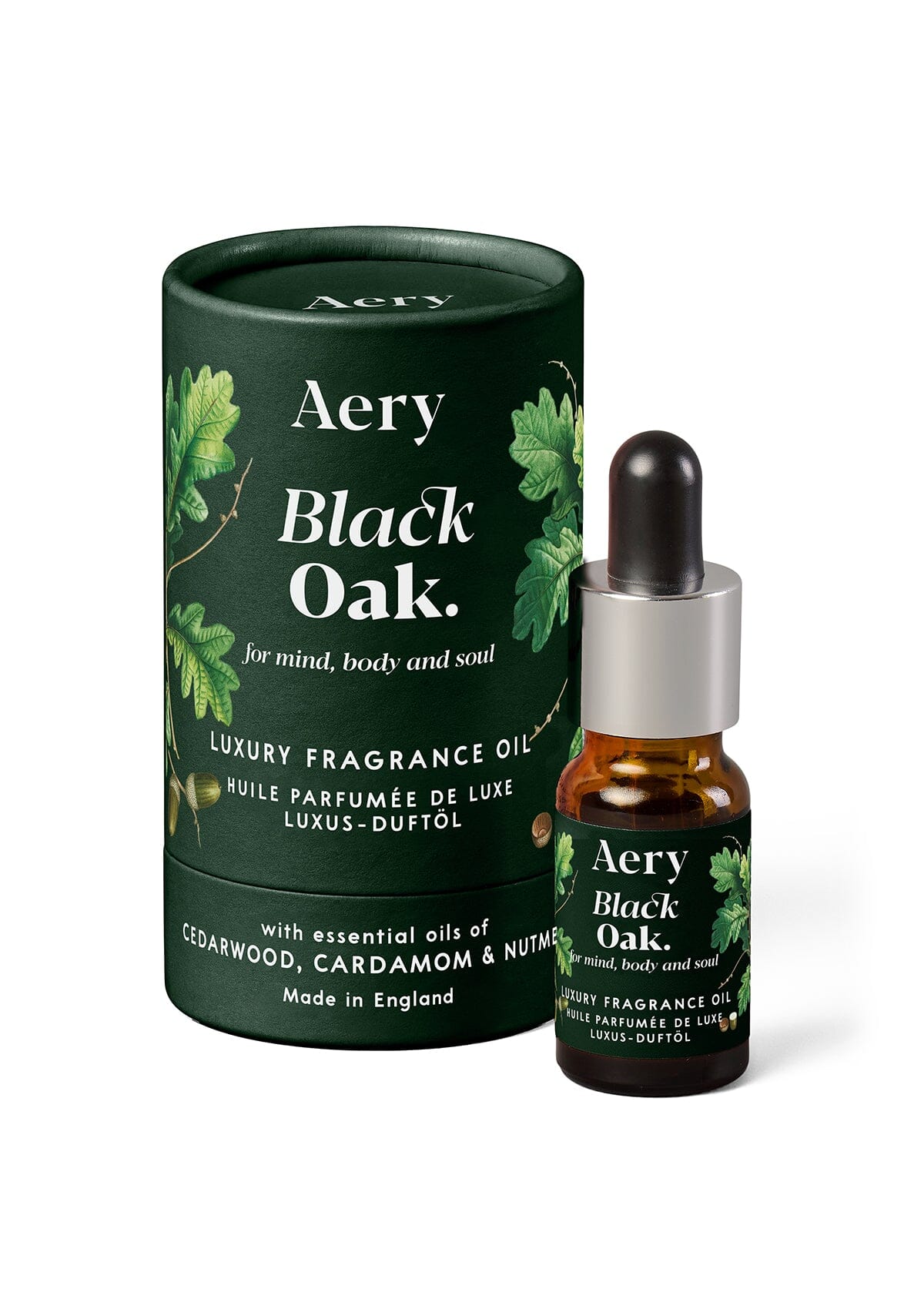 Black Oak Fragrance Oil by Aery displayed next to product packaging on white background 
