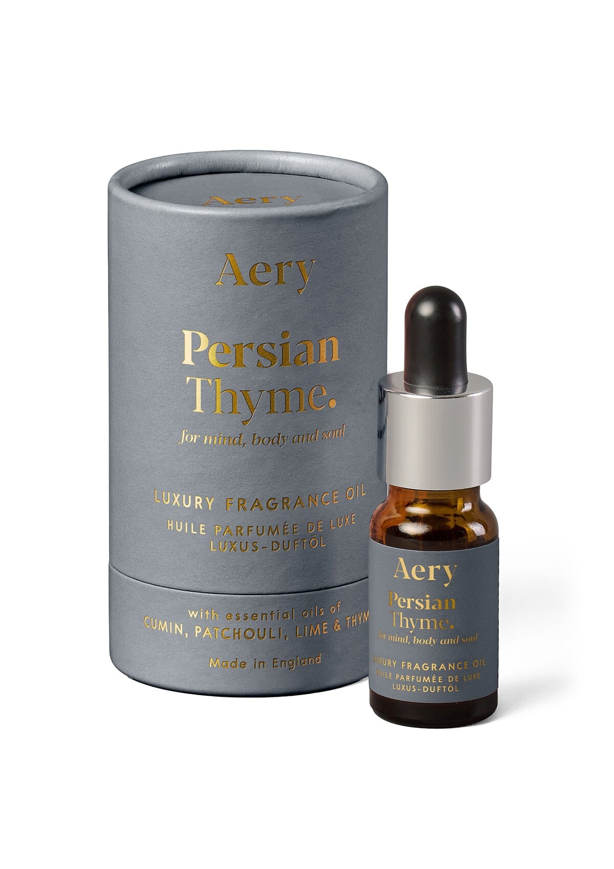 Grey Persian Thyme fragrance oil displayed next to product packaging by Aery on white background 