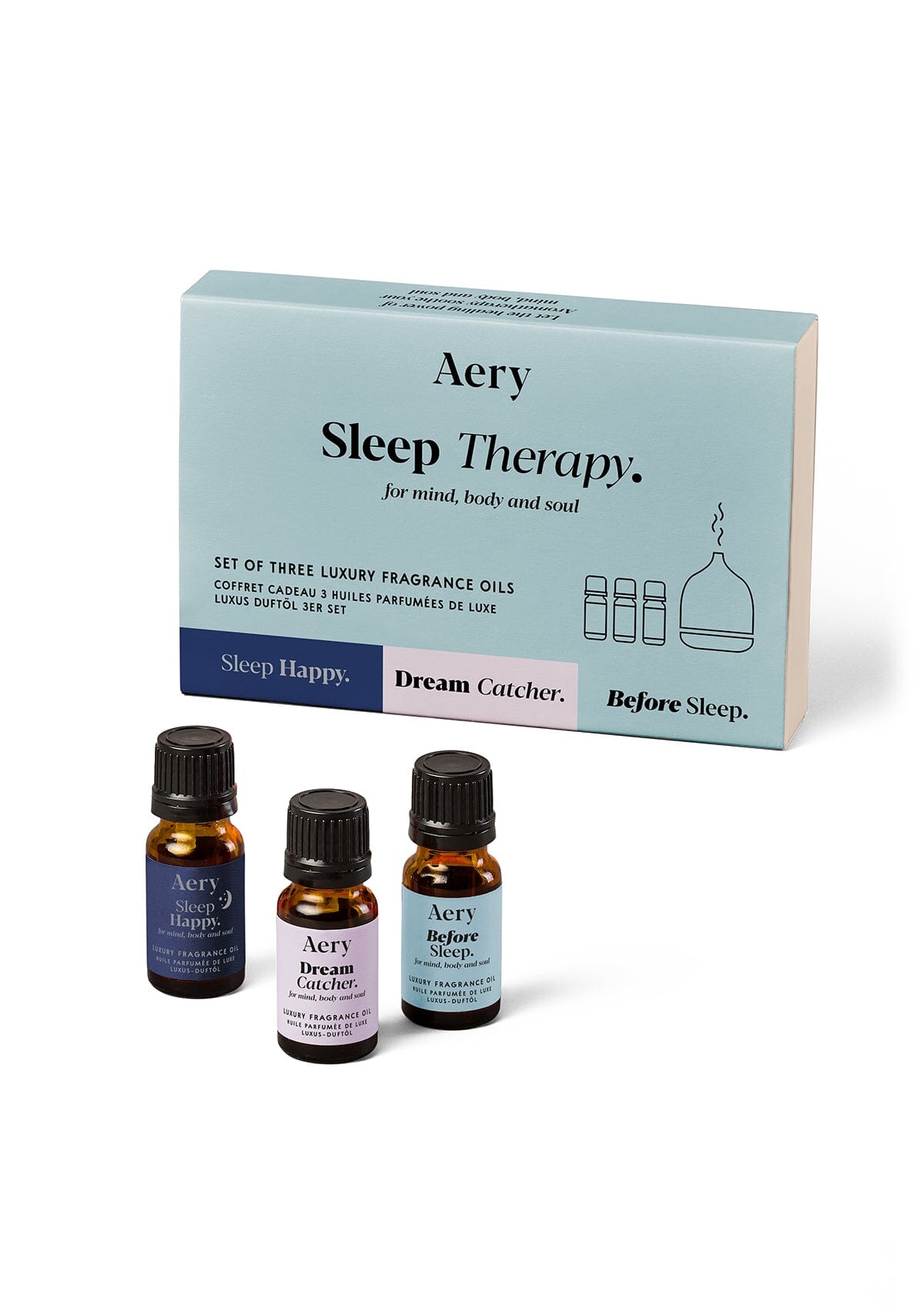 Blue Sleep Therapy Fragrance oil set of three displayed next to product packaging by Aery on white background 