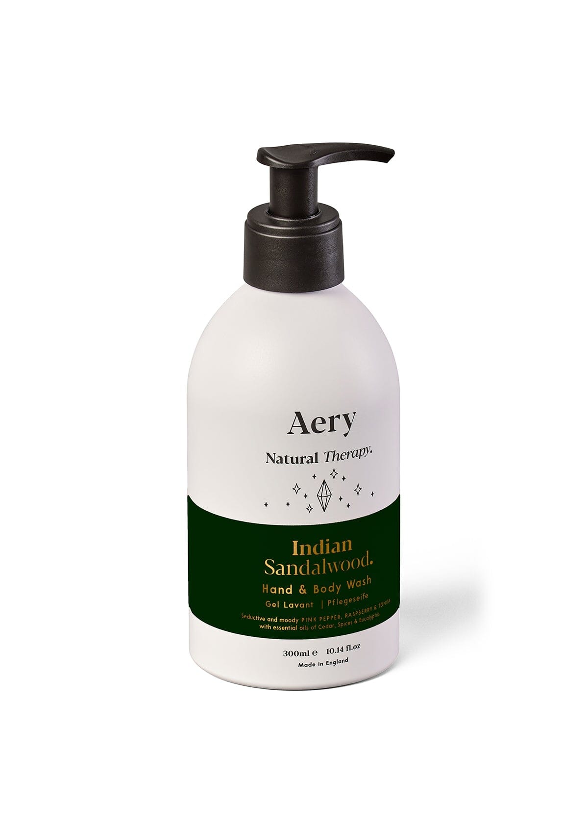Black Indian Sandalwood Hand and Body Wash by Aery displayed on white background