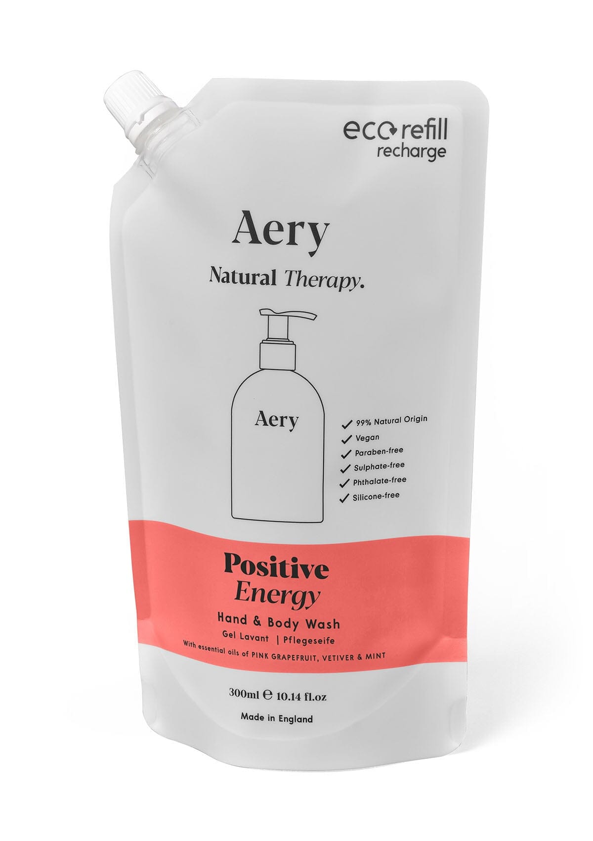 Red Positive Energy hand and body wash refill pouch on white background 