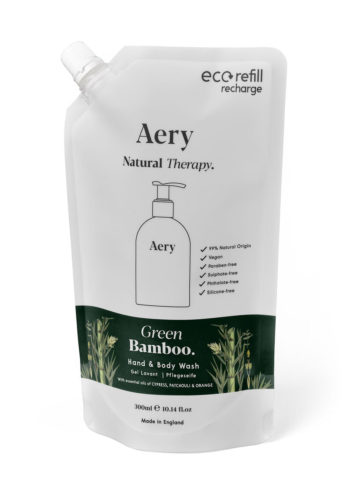 Green Bamboo hand and body wash refill pouch by Aery displayed on white background 