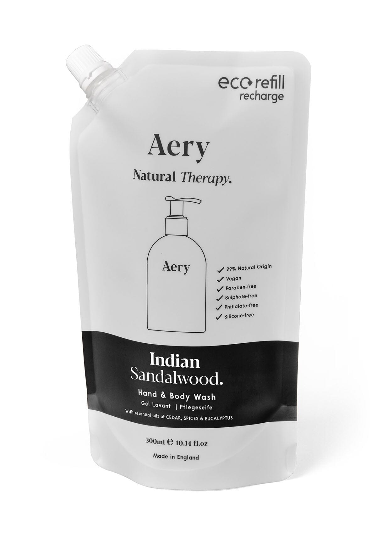 Indian Sandalwood hand and body refill pouch by aery displayed on white background  