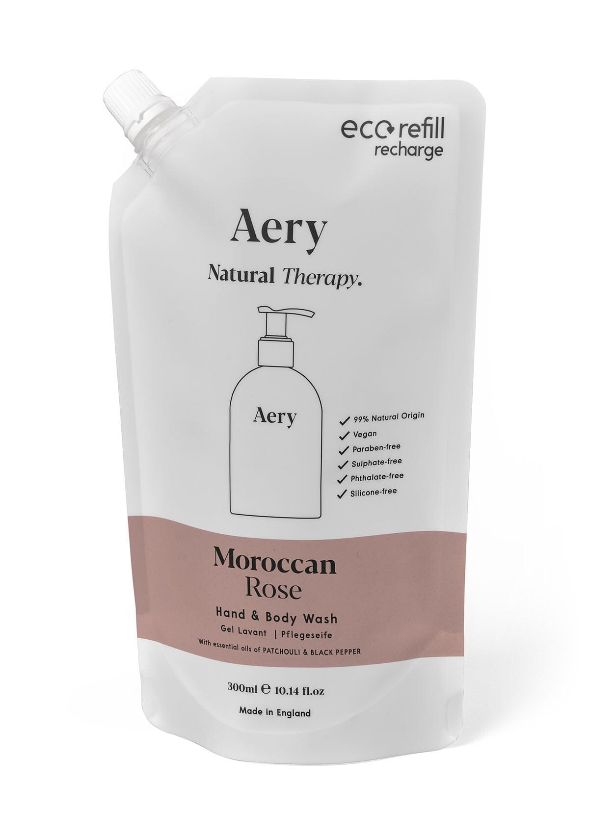 Aubergine Moroccan Rose hand and body wash refill pouch by aery displayed on white background 