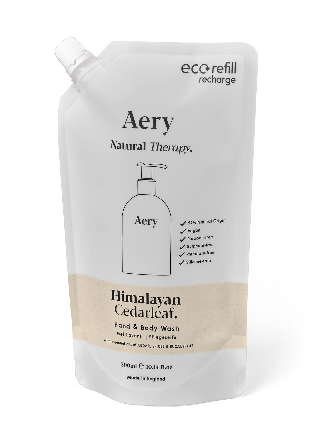 Cream Himalayan Cedarleaf hand and body refill pouch by aery displayed on white background 