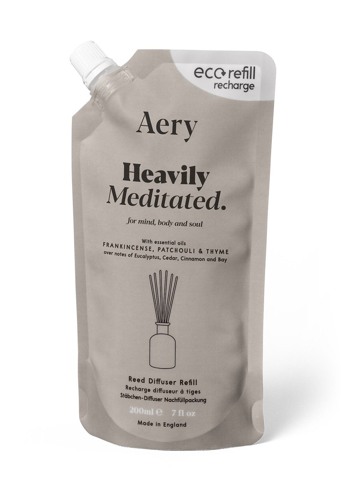 Beige Heavily Meditated reed diffuser refill pouch by aery displayed on white background 