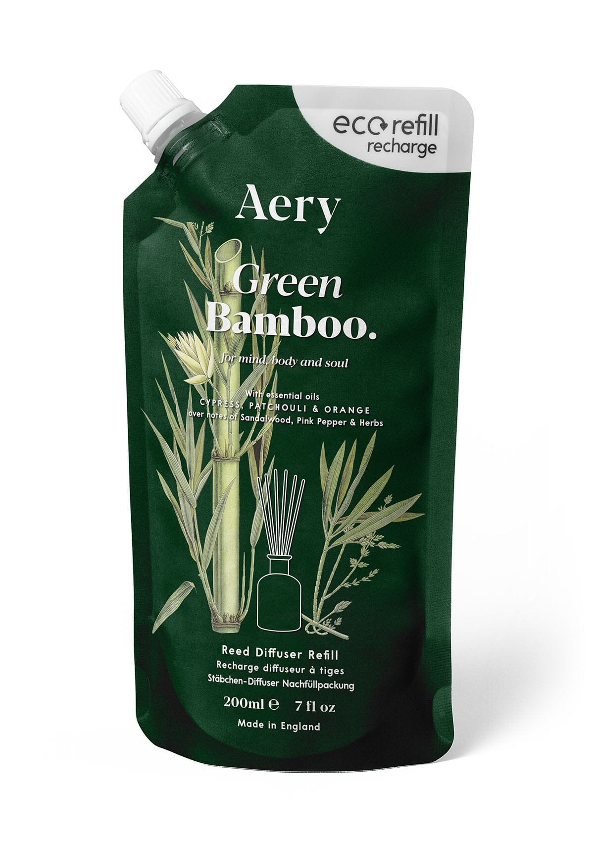 Green Bamboo reed diffuser refill pouch by aery displayed on white background 