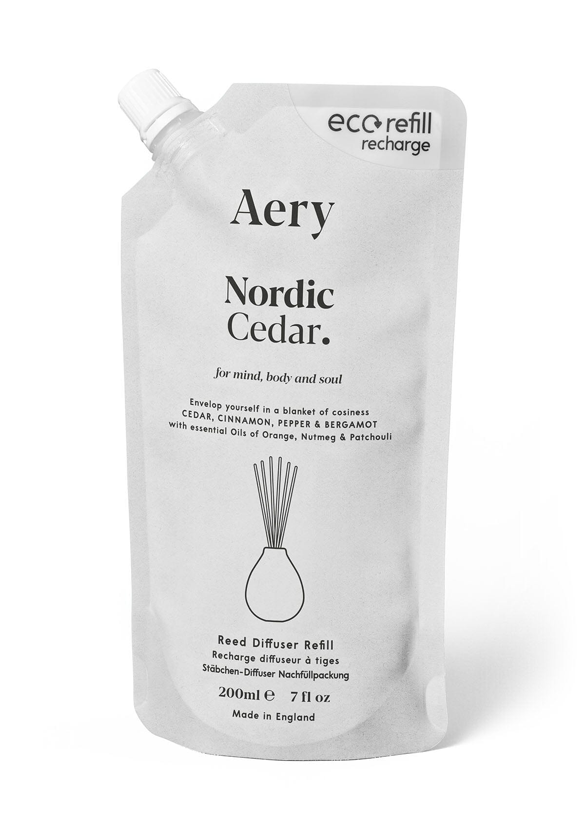 Nordic Cedar reed diffuser refill pouch by aery displayed on white background 