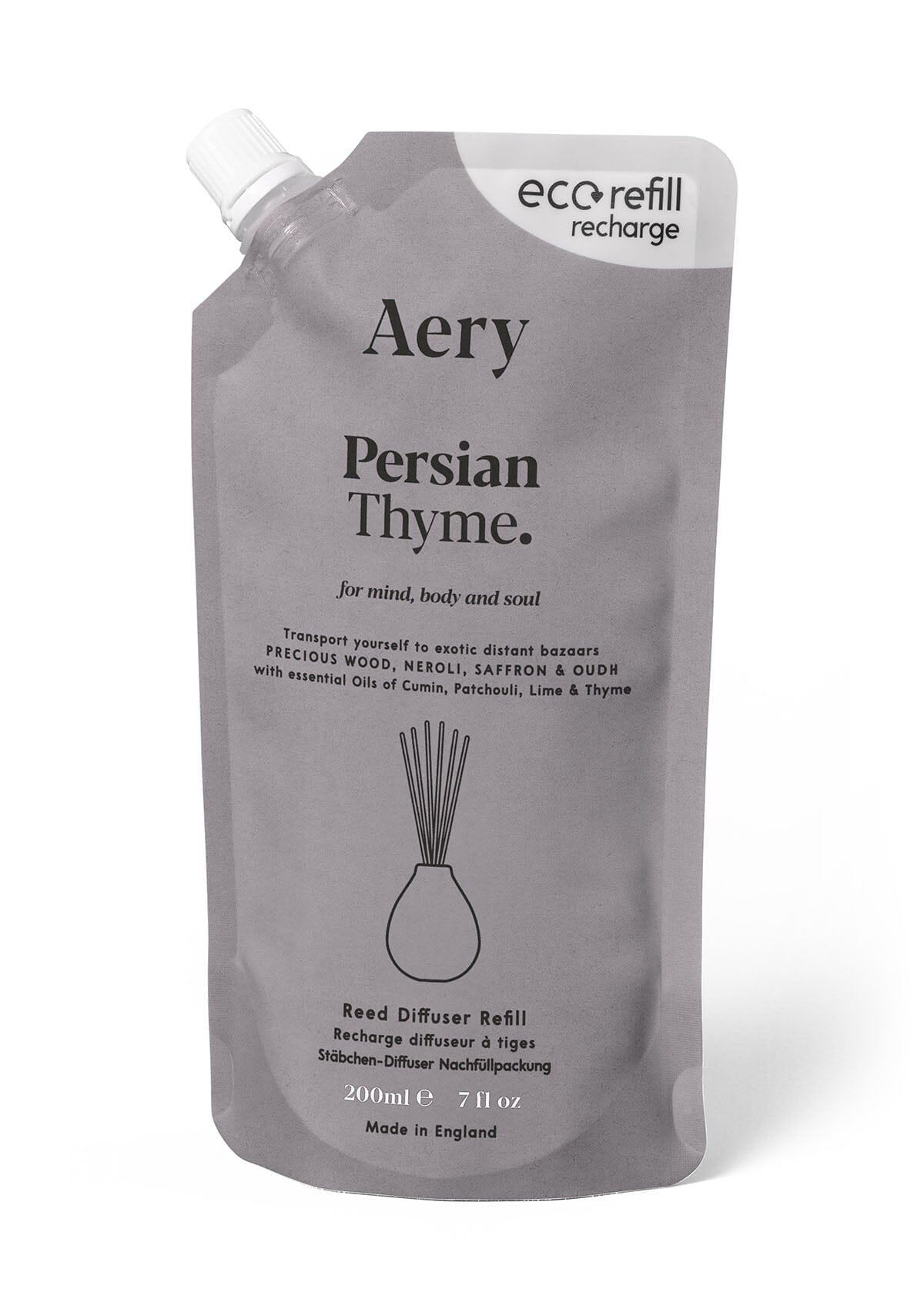 Grey Persian Thyme reed diffuser refill pouch by aery displayed on white background 