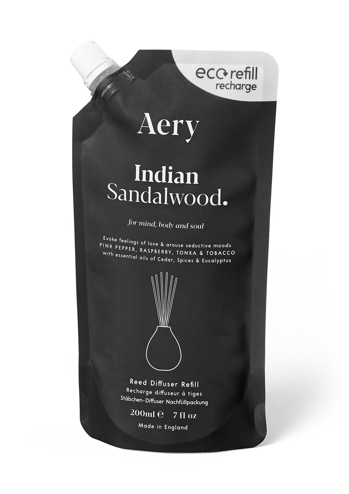 Black Indian sandalwood reed diffuser refill pouch by aery displayed on white background 