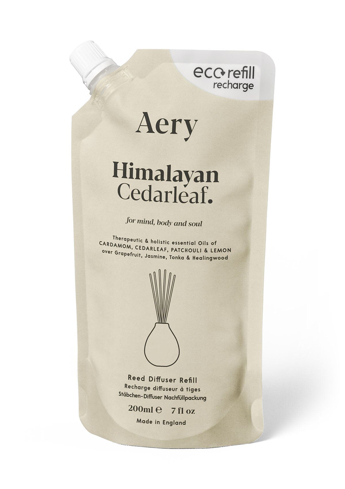 Cream Himalayan Cedarleaf diffuser refill pouch by aery displayed on white background 