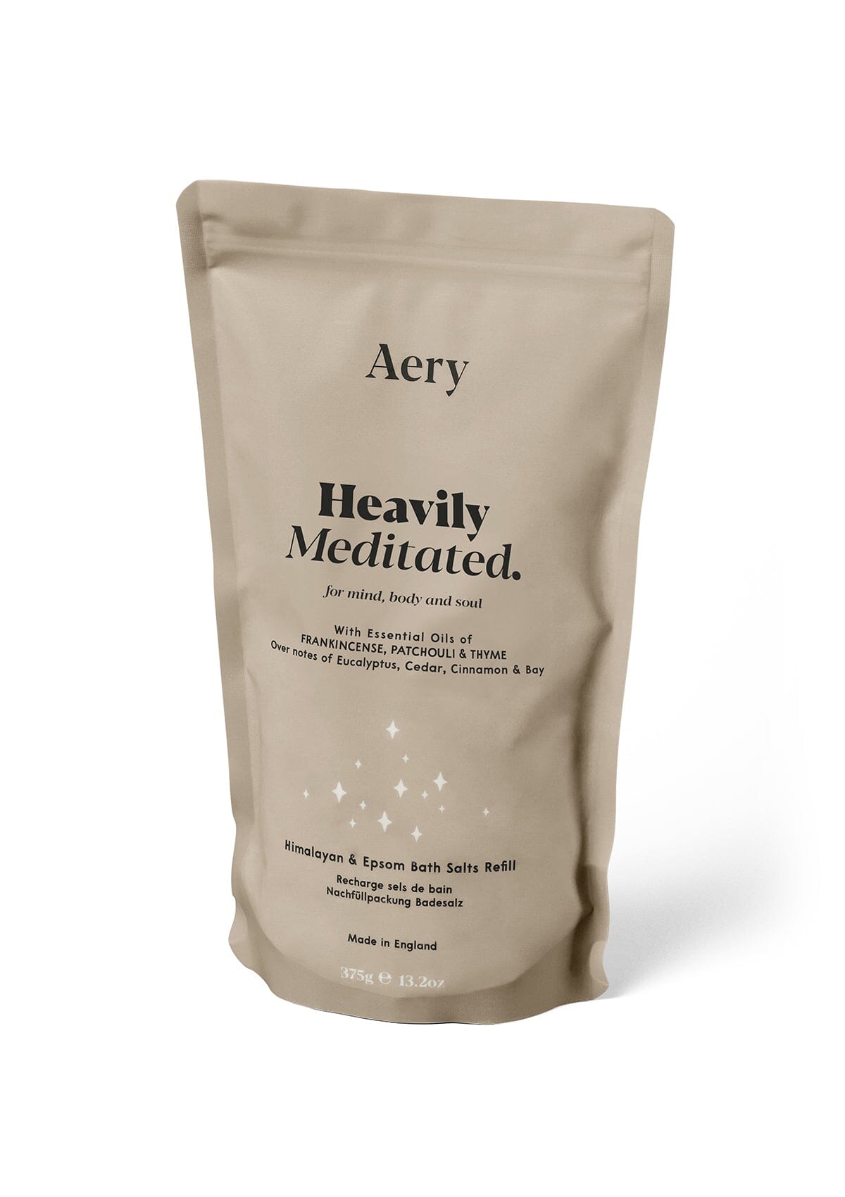 Beige Heavily Meditated bath salts refill pouch by Aery displayed on white background
