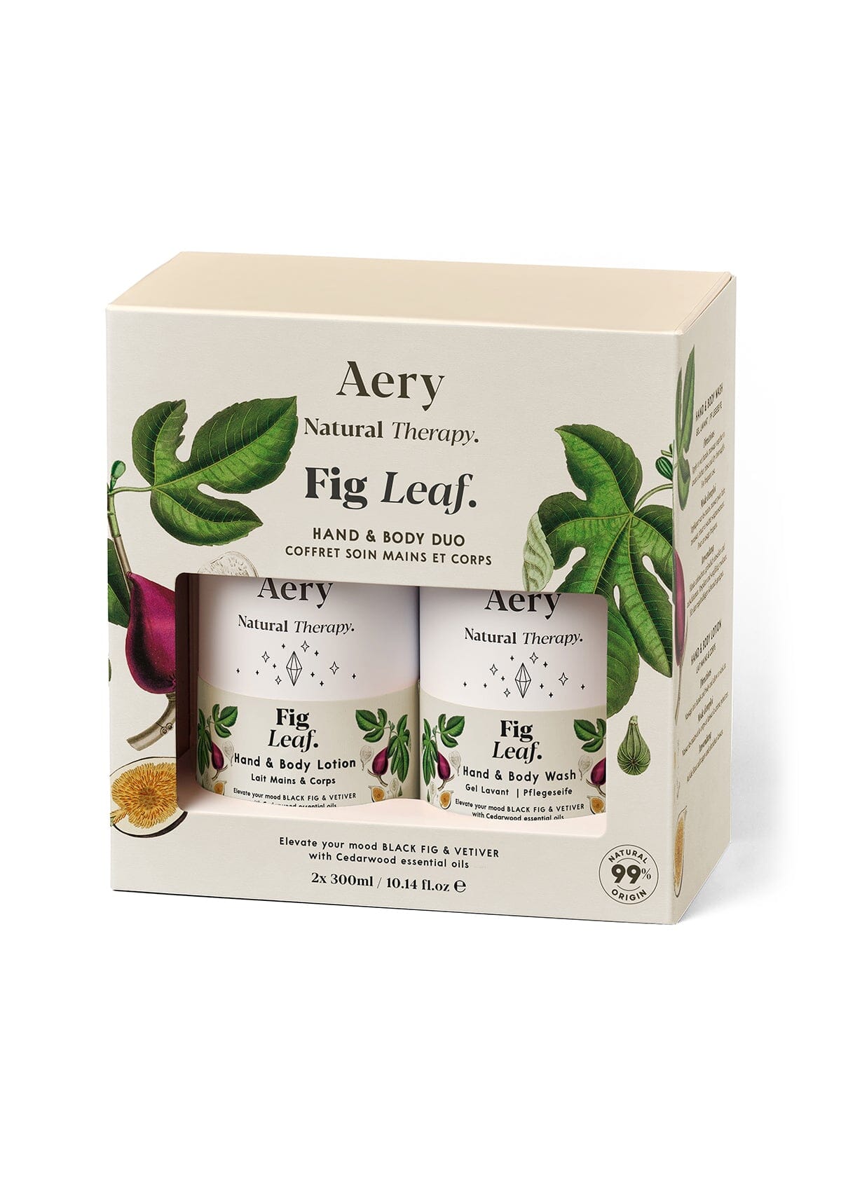 Cream Fig Leaf  Hand and body duo displayed in product packaging by Aery on white background